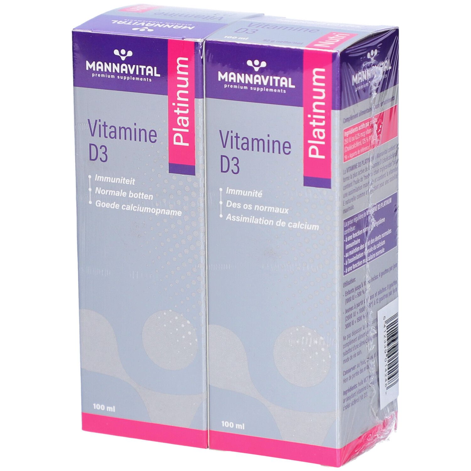 Duopack vitamine D3. Paarse en witte verpakking. Duo Promo sticker met korting.