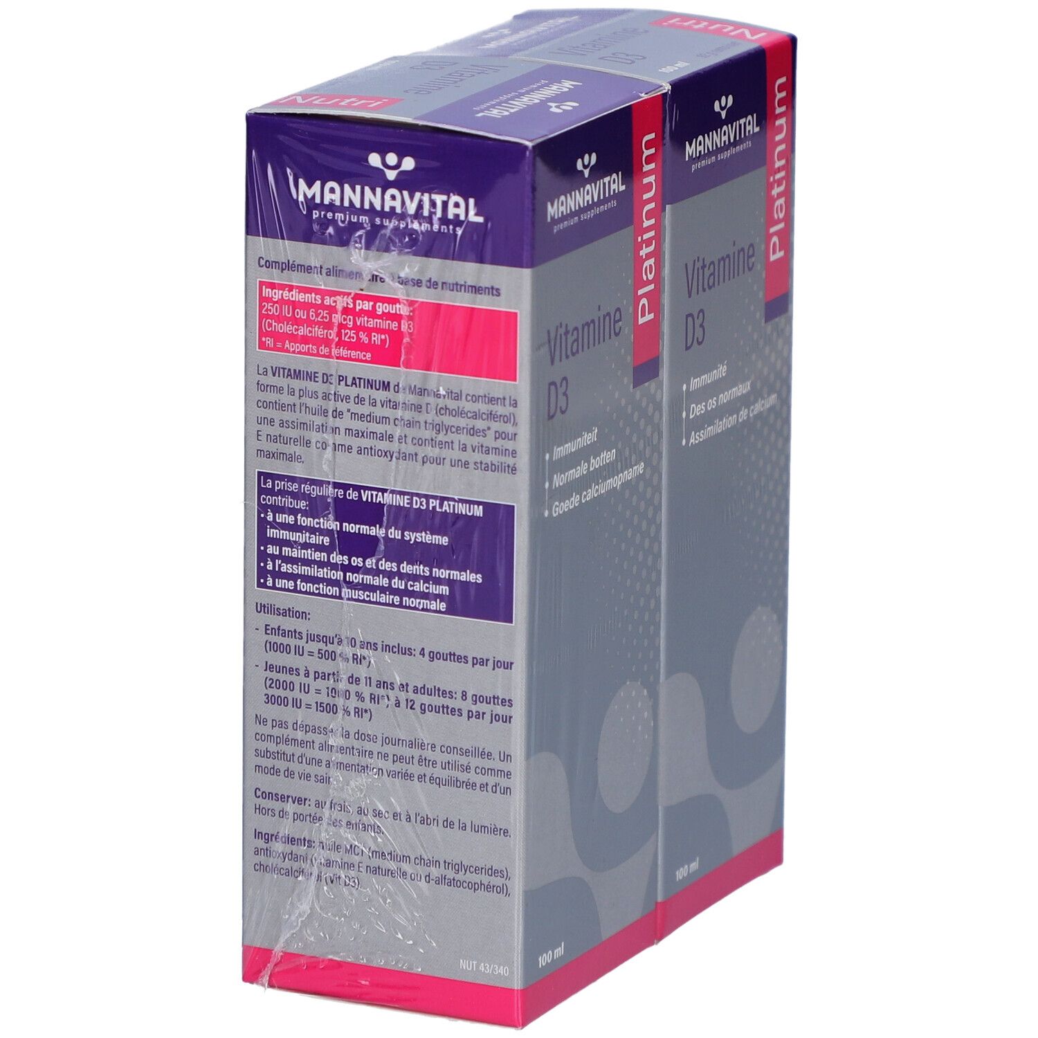 Duopack vitamine D3. Verpakking met productinfo. Duo Promo sticker. Schuin aanzicht.