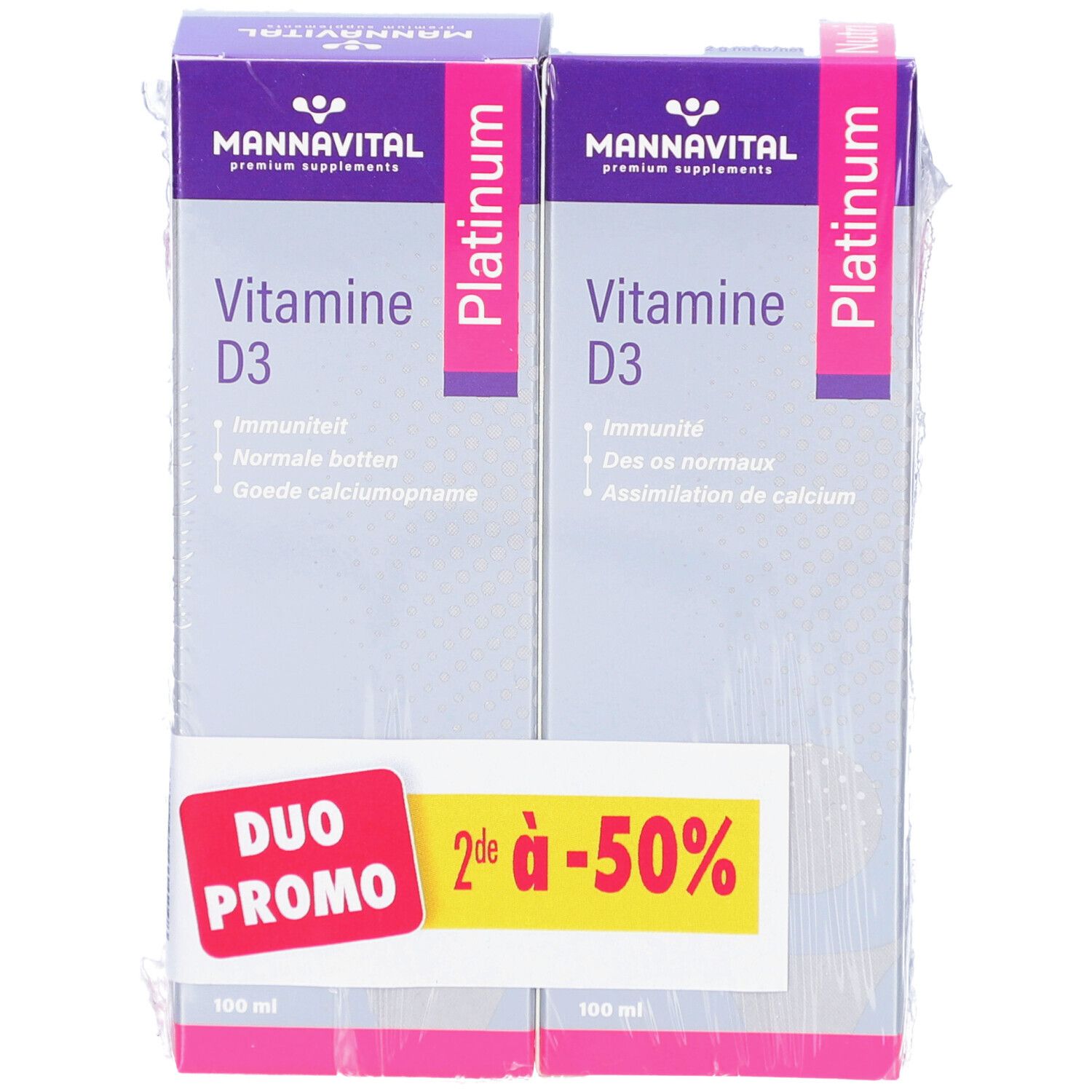 Duopack vitamine D3. Paarse en witte verpakking. Duo Promo sticker. Vooraanzicht.
