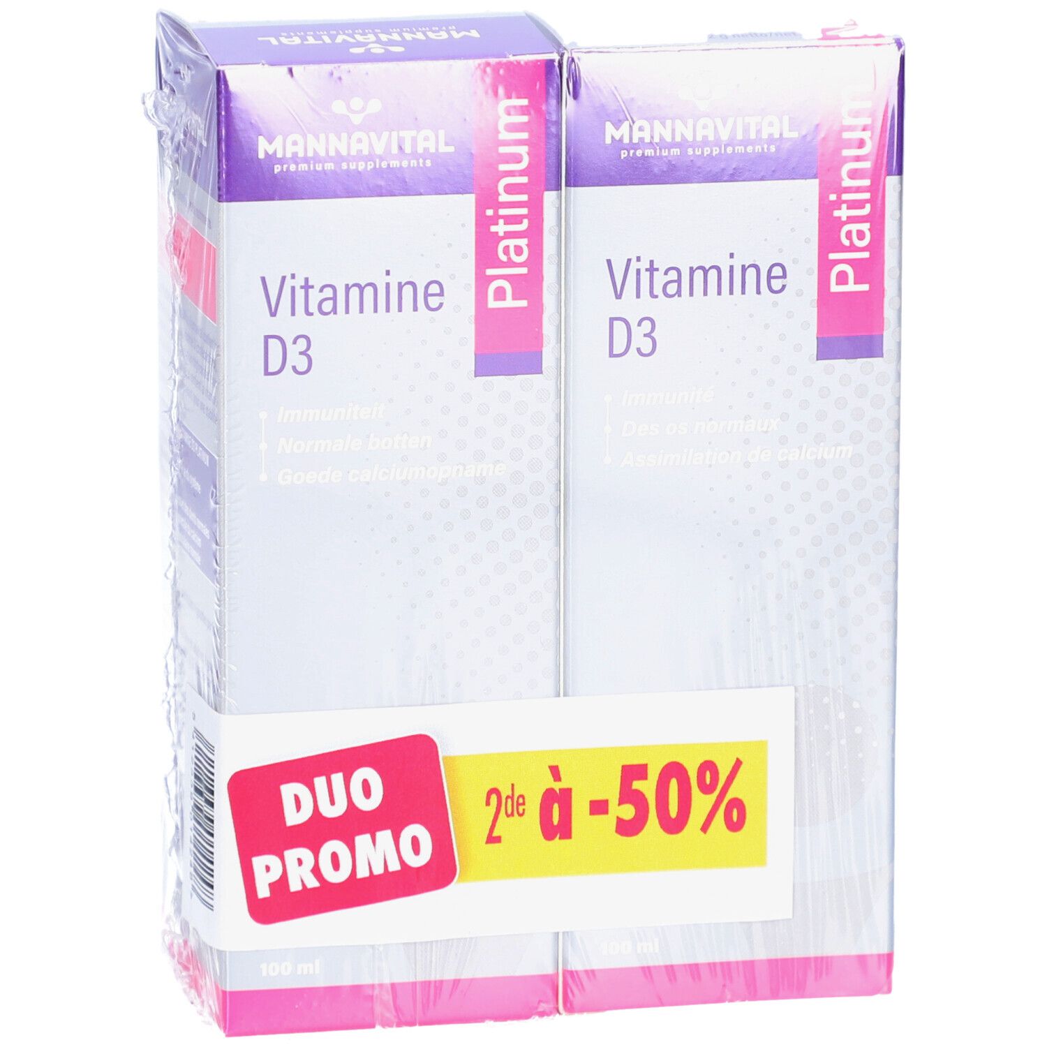 Duopack vitamine D3. Paarse en witte verpakking. Duo Promo sticker. Vooraanzicht.