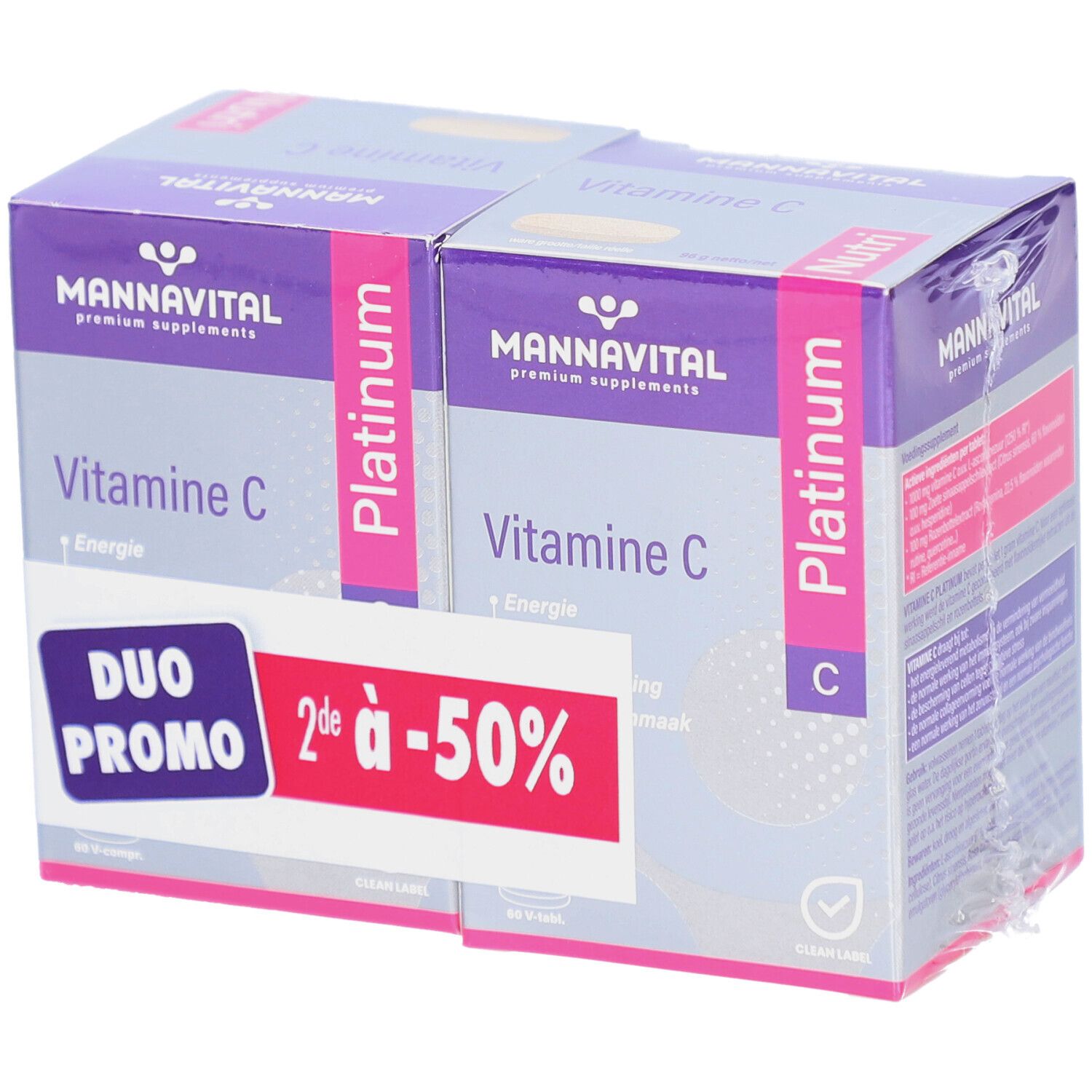 Twee verpakkingen Mannavital Vitamine C Platinum. Duo Promo sticker met -50%. Paarse en witte verpakking.