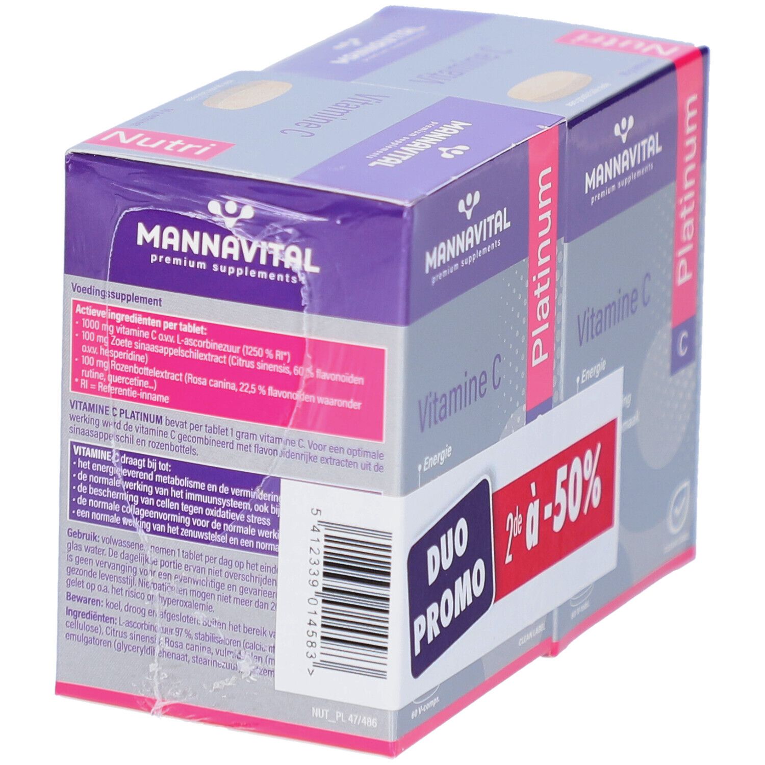 Mannavital Vitamine C Platinum verpakking. Duo Promo sticker met -50%. Bevat informatie over ingrediënten.