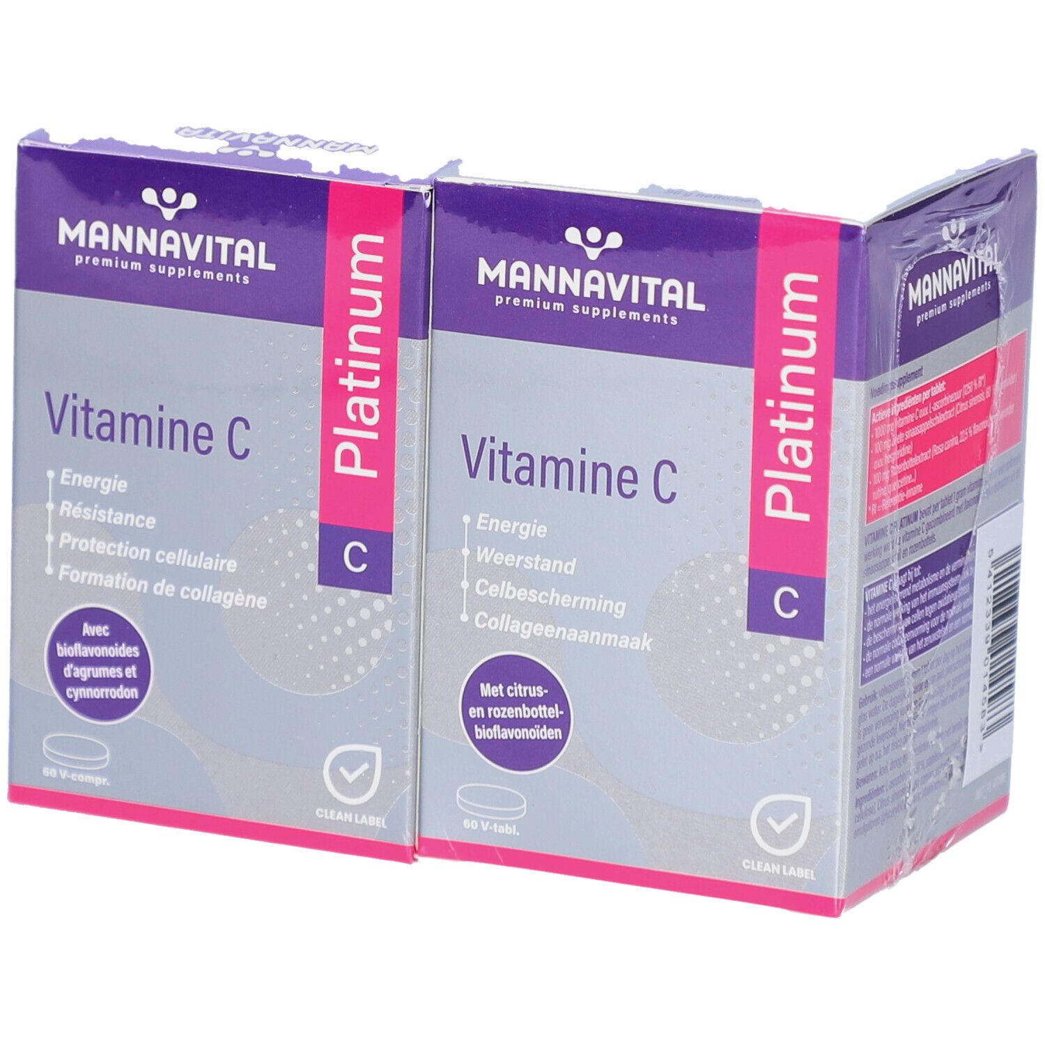 Twee verpakkingen Mannavital Vitamine C Platinum. Paarse en witte verpakking. Bevat informatie over ingrediënten.
