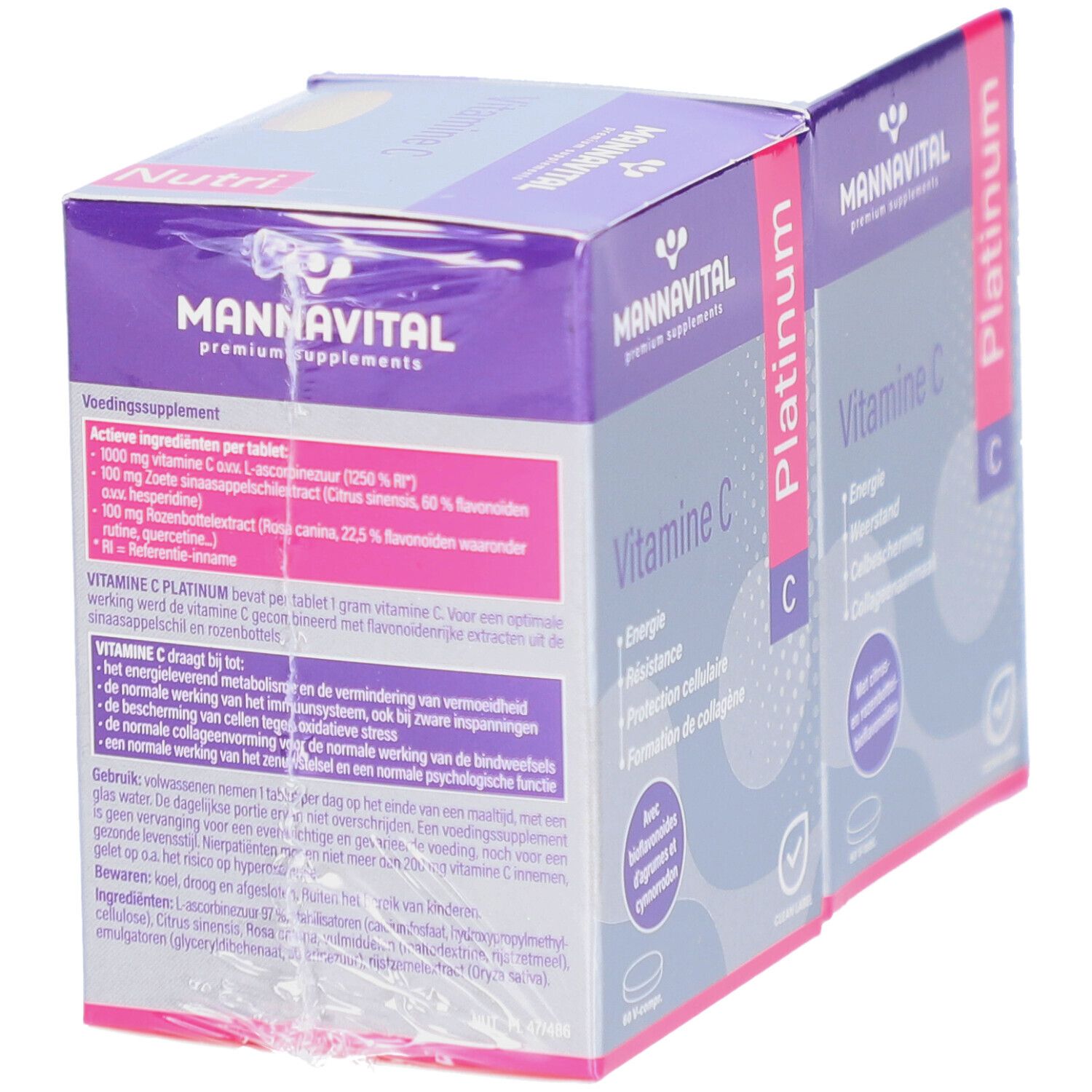 Mannavital Vitamine C Platinum verpakking. Bevat informatie over ingrediënten en productvoordelen.