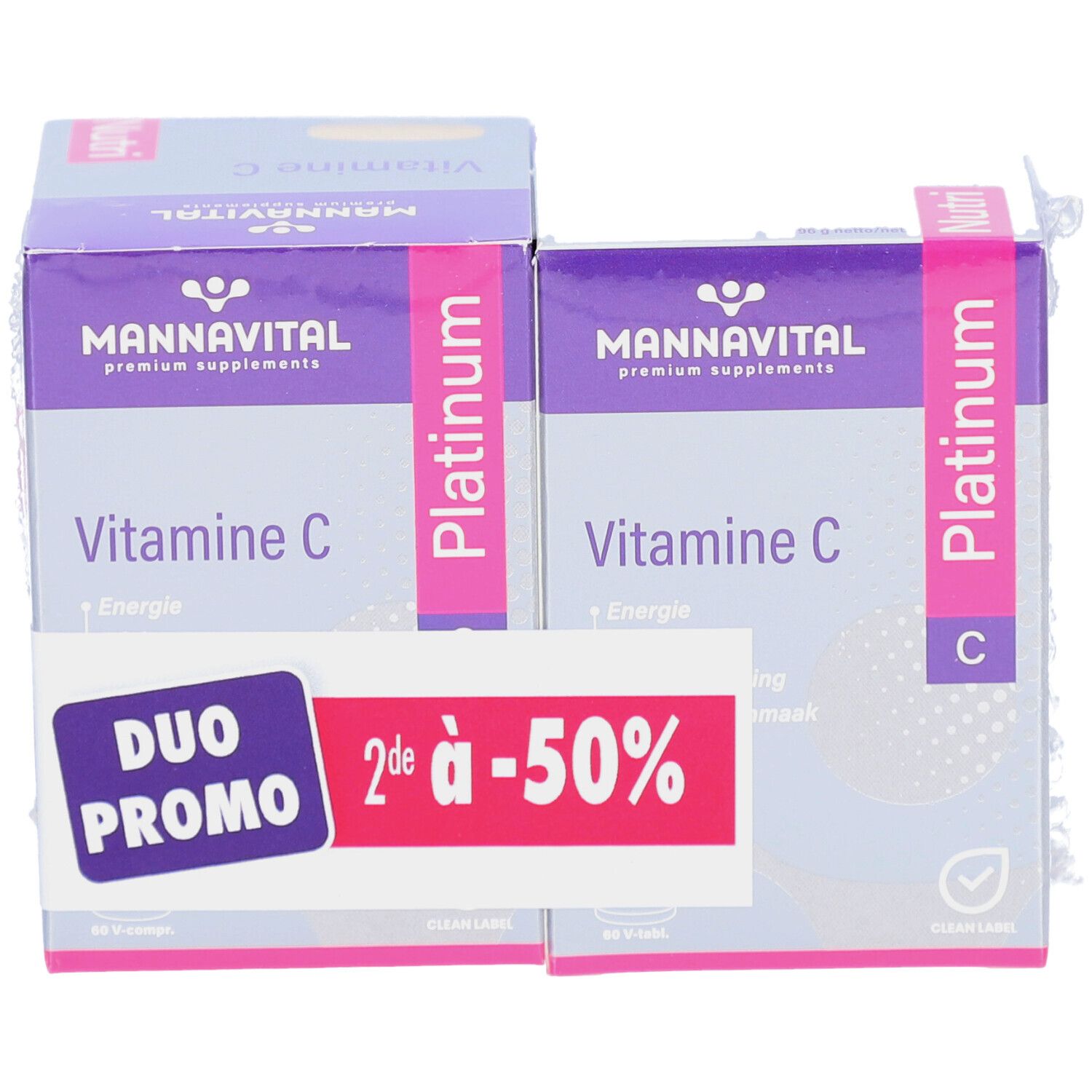 Twee verpakkingen Mannavital Vitamine C Platinum. Duo Promo sticker met -50%. Paarse en witte verpakking.