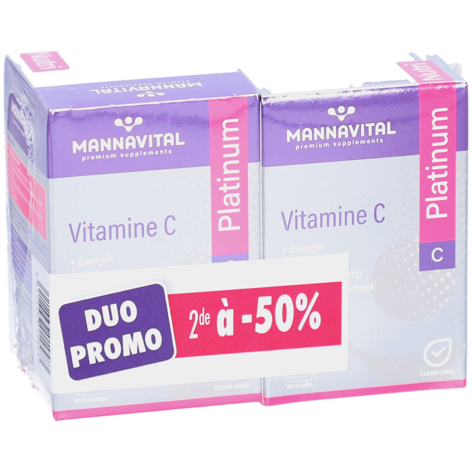 Twee verpakkingen Mannavital Vitamine C Platinum. Duo Promo sticker met -50%. Paarse en witte verpakking.