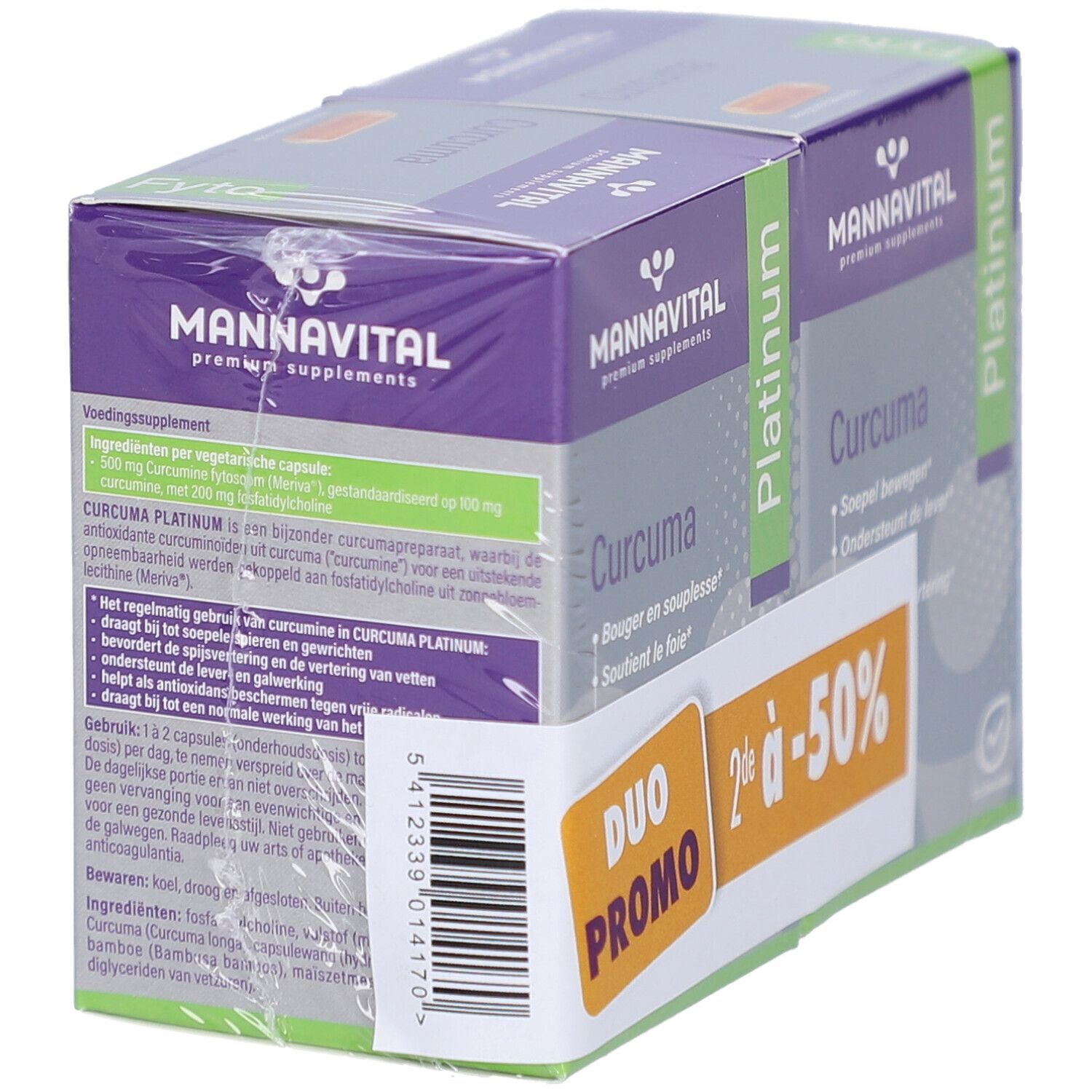 MannaVital Curcuma Platinum Duopack. Achterkant verpakking met productinformatie. Verpakt in folie.