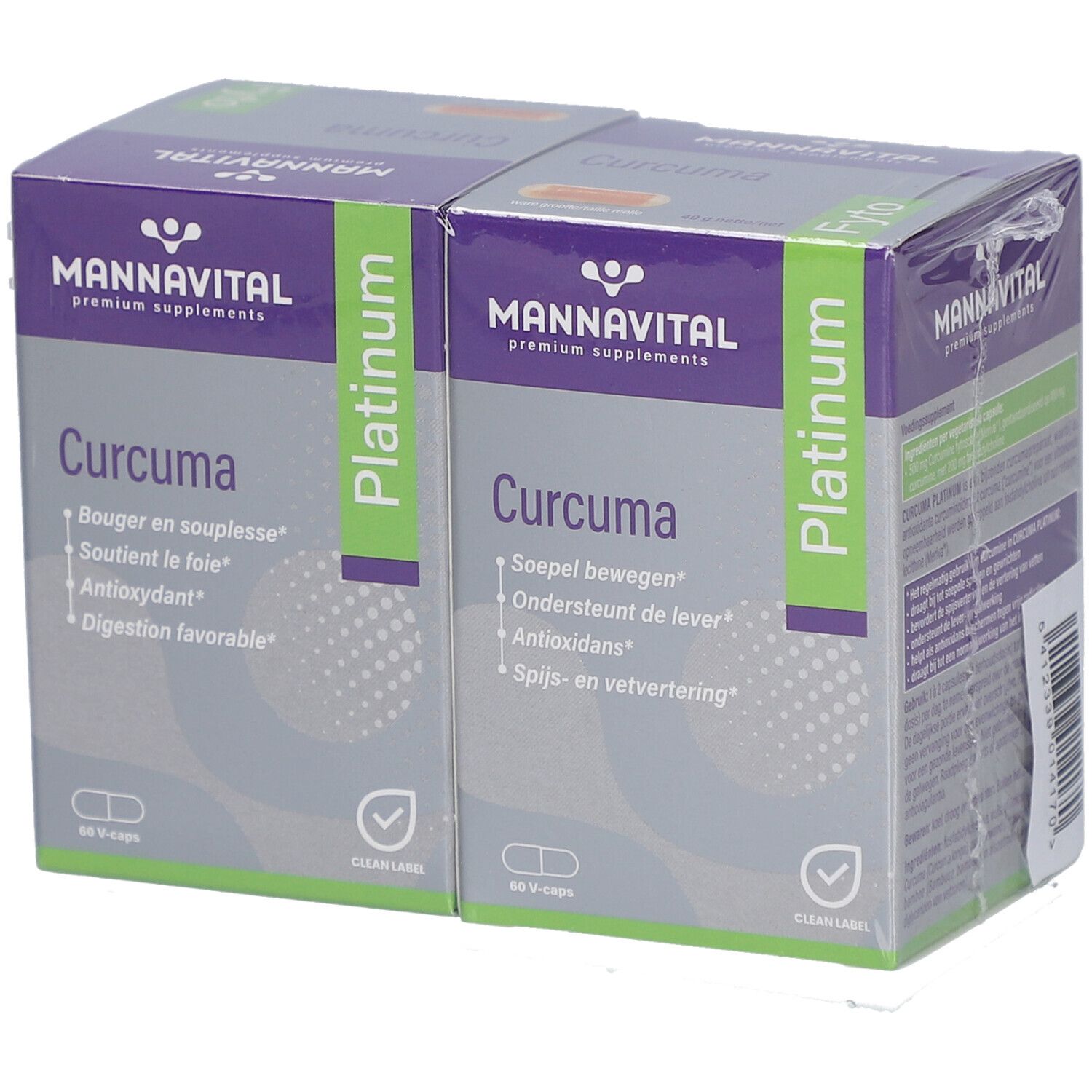 MannaVital Curcuma Platinum Duopack. Twee verpakkingen capsules. Verpakt in folie. Opdruk: 60 capsules.