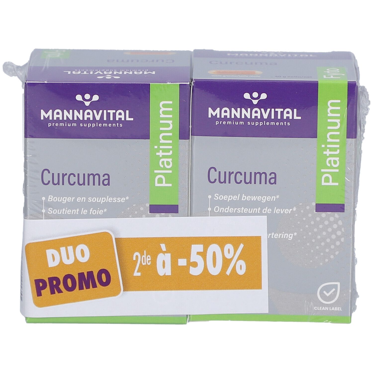 MannaVital Curcuma Platinum Duopack. Twee verpakkingen capsules, Duo Promo sticker. Verpakt in folie.