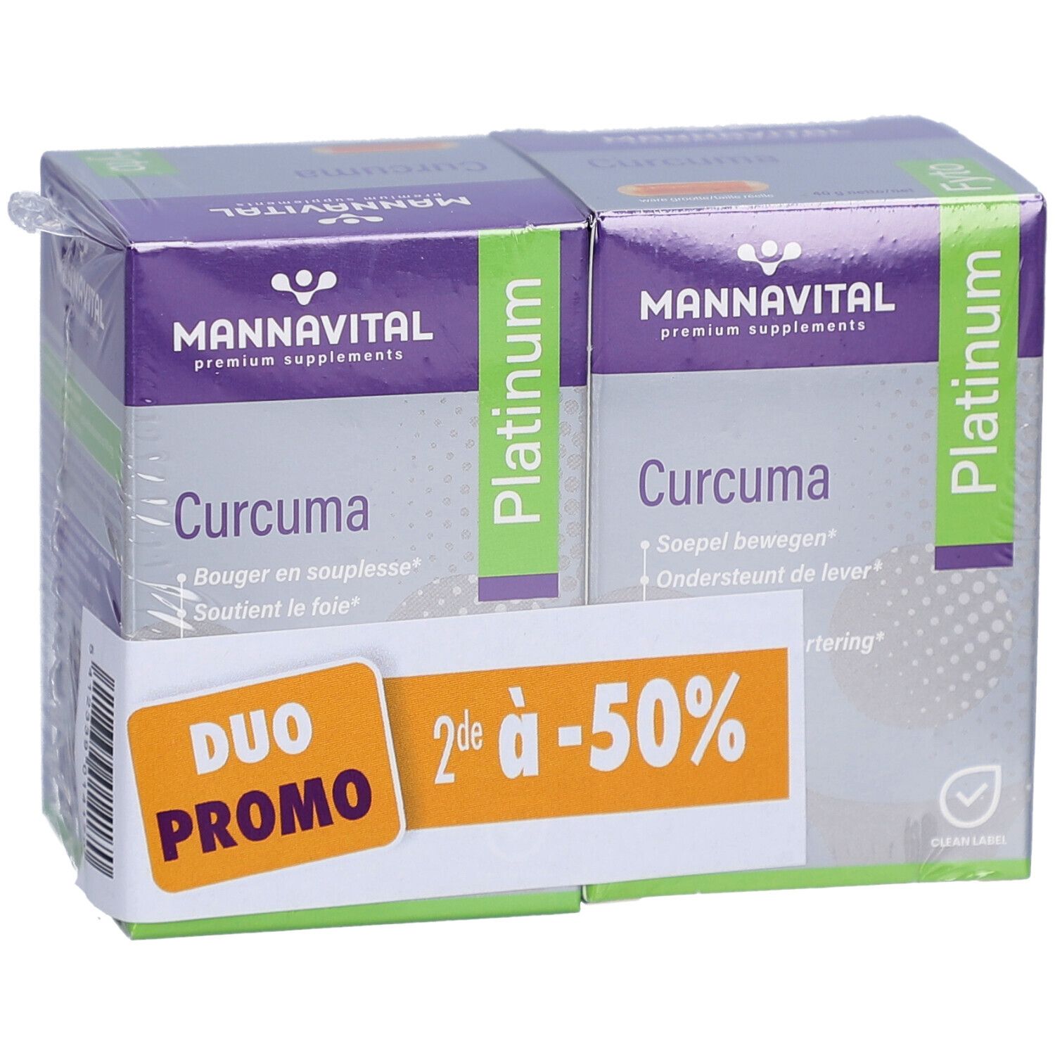 MannaVital Curcuma Platinum Duopack. Twee verpakkingen capsules, Duo Promo sticker. Verpakt in folie.