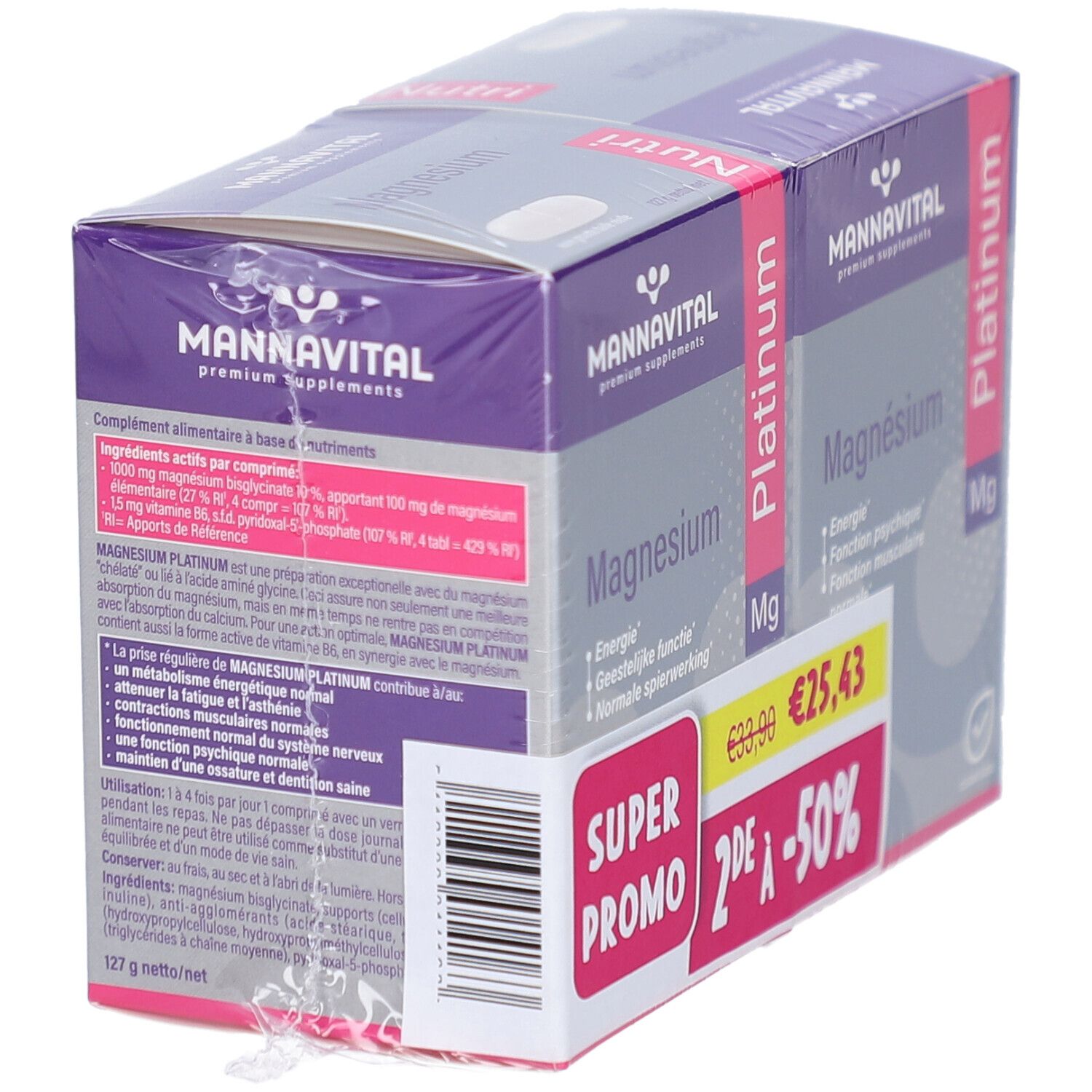 Dos du duopack MannaVital Magnesium Platinum. Informations produit et autocollant Super Promo visibles.