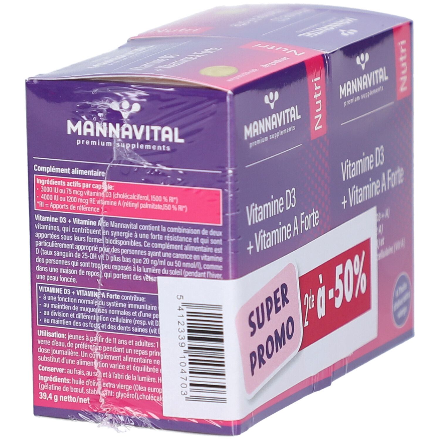 MannaVital Vitamine D3 + Vitamine A Forte in verpakking. Paarse doos met witte tekst. Sticker: Super Promo, 2de à -50%.