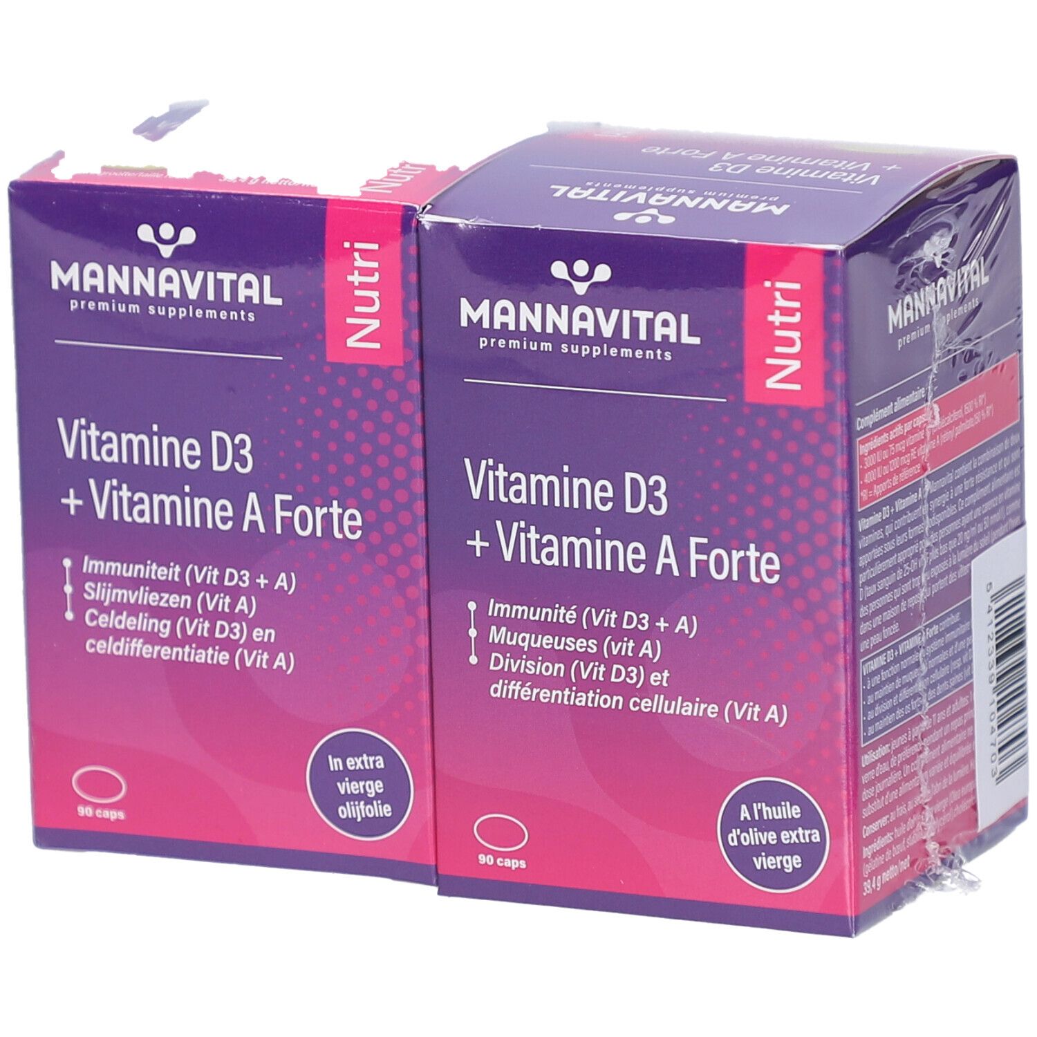 Twee verpakkingen MannaVital Vitamine D3 + Vitamine A Forte. Paarse verpakking met witte tekst. 90 capsules.