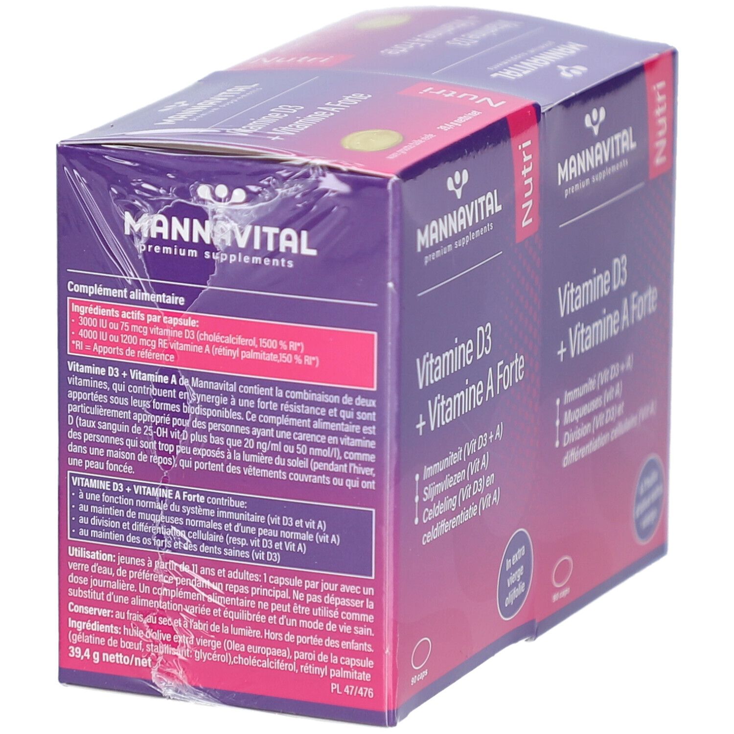 MannaVital Vitamine D3 + Vitamine A Forte in verpakking. Paarse doos met witte tekst. 90 capsules.