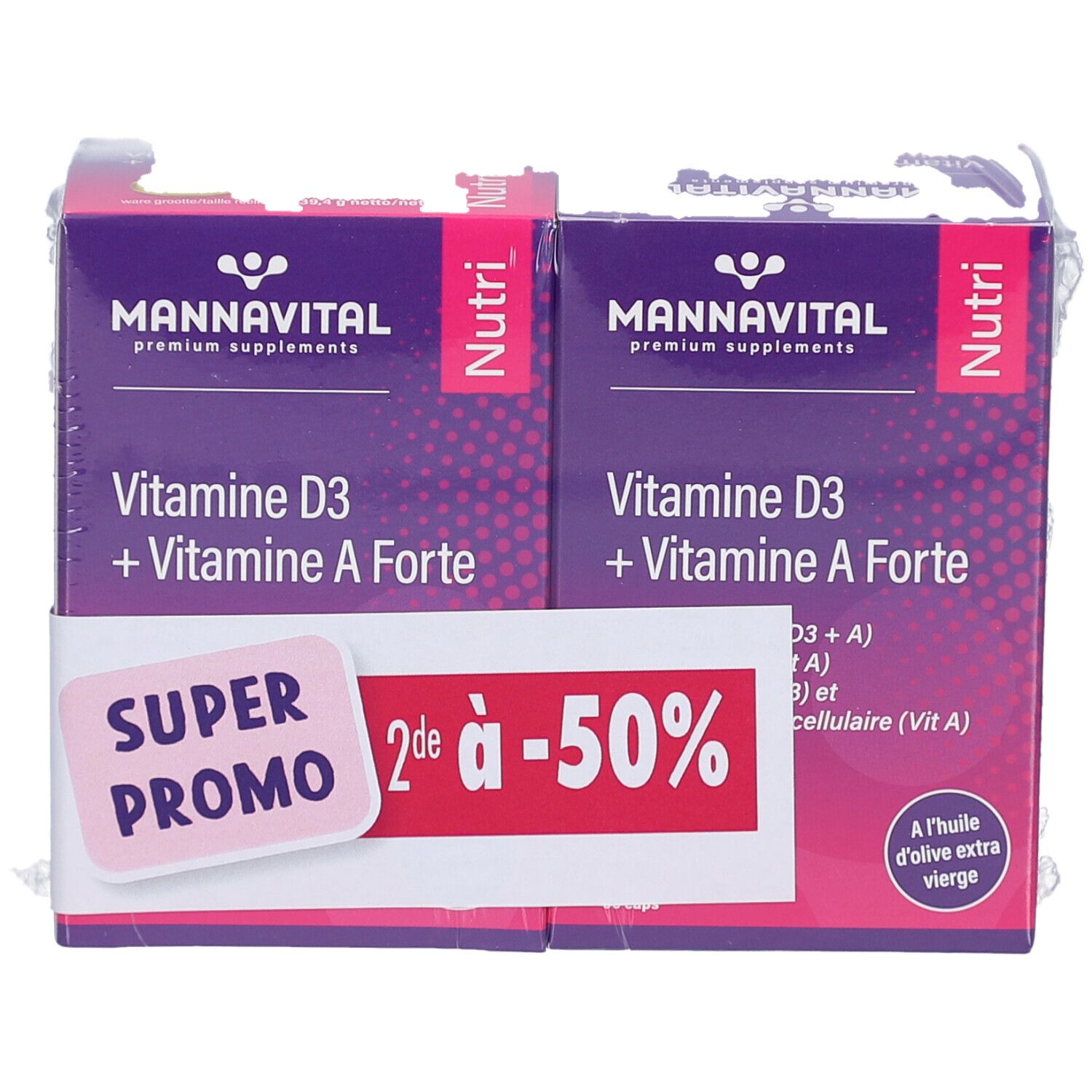 Twee verpakkingen MannaVital Vitamine D3 + Vitamine A Forte. Paarse verpakking met witte tekst. Sticker: Super Promo, 2de à -50%.