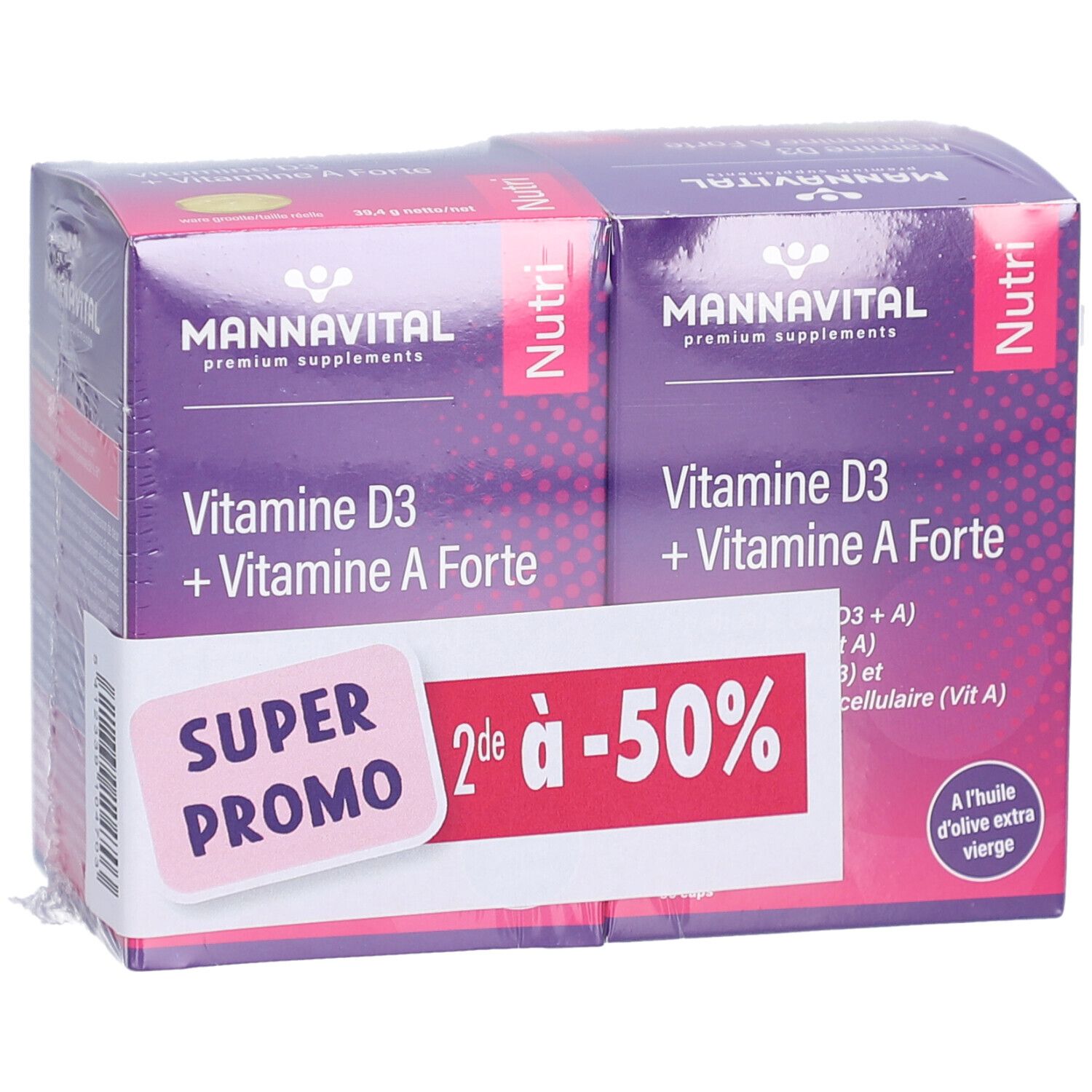 Twee verpakkingen MannaVital Vitamine D3 + Vitamine A Forte. Paarse verpakking met witte tekst. Sticker: Super Promo, 2de à -50%.