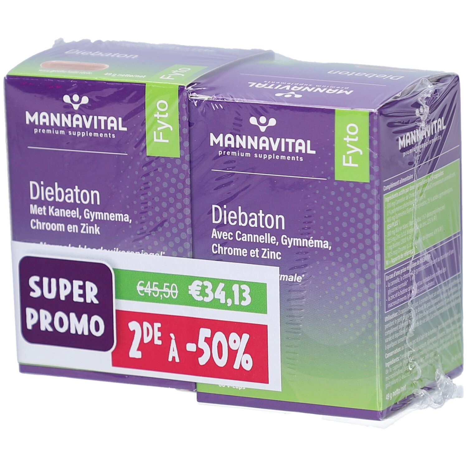 Twee verpakkingen MannaVital Diebaton. Paarse verpakking met witte tekst. Promotie sticker. Verpakt in folie.