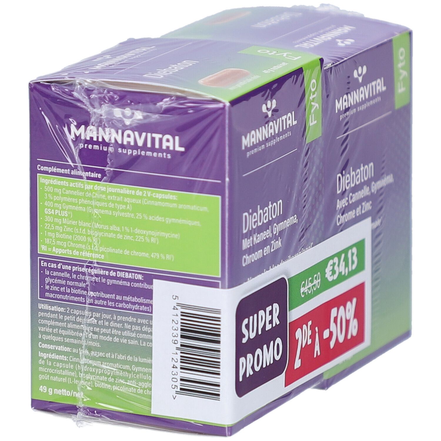 Twee verpakkingen MannaVital Diebaton in folie. Paarse verpakking met witte tekst. Ingrediënten op de achterkant.
