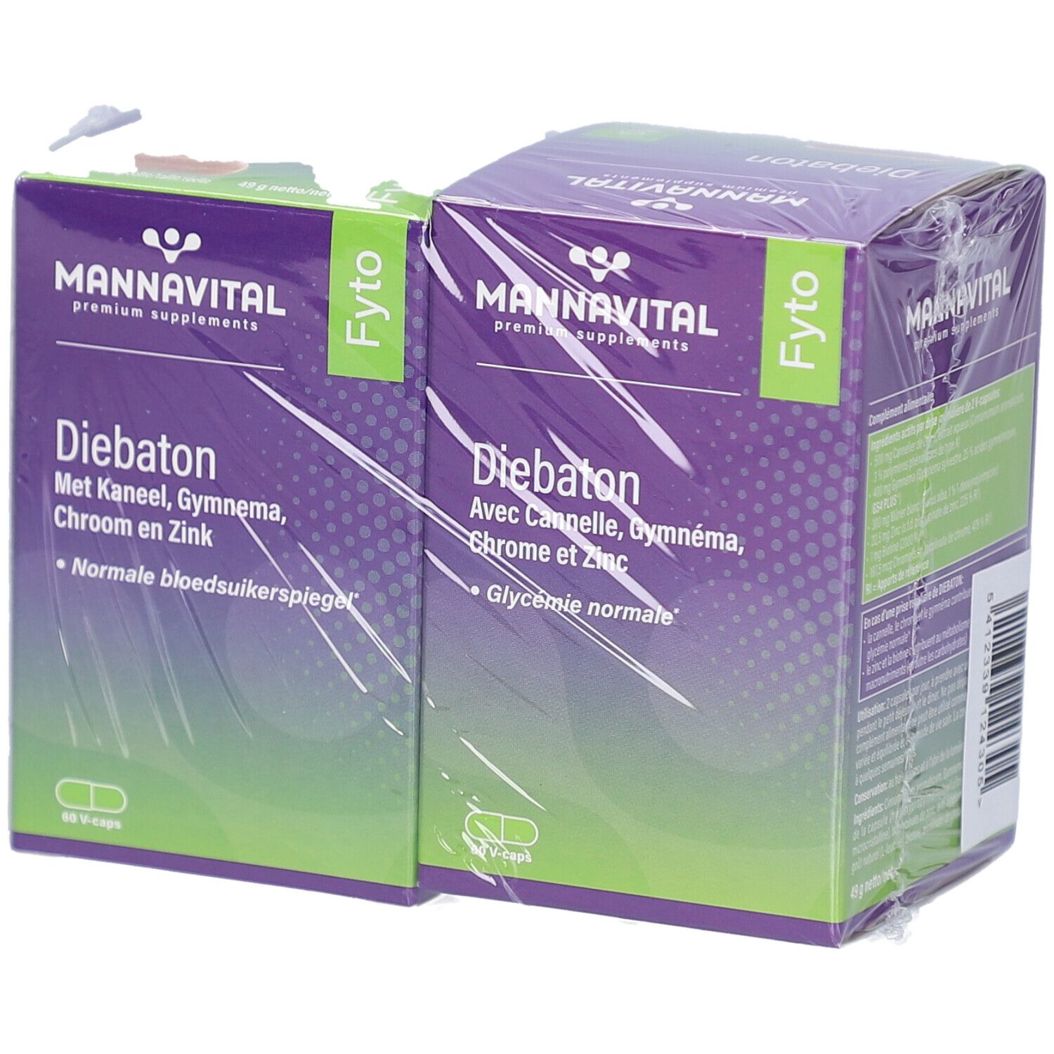 Twee verpakkingen MannaVital Diebaton in folie. Paarse verpakking met witte tekst. Opschrift 'Normale bloedsuikerspiegel'.