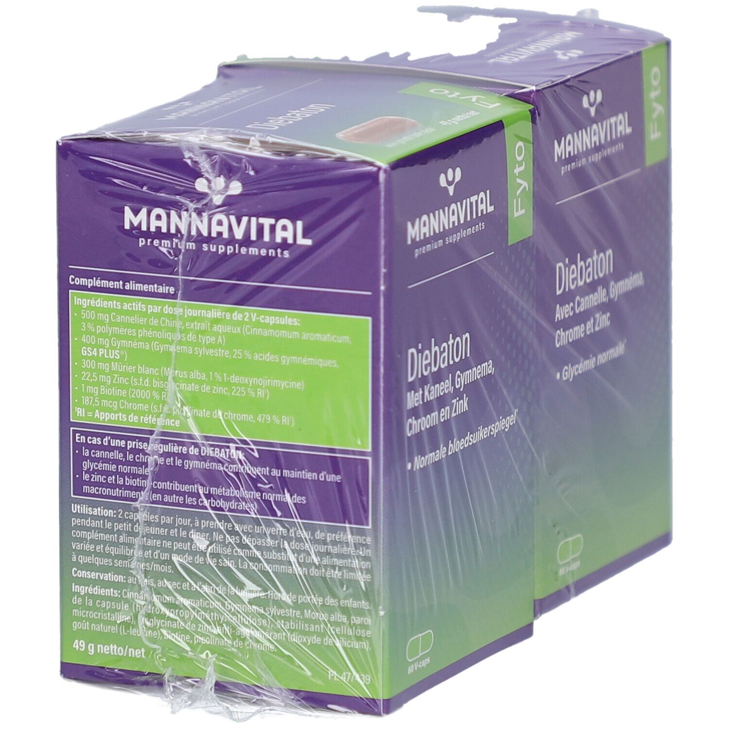 Twee verpakkingen MannaVital Diebaton in folie. Paarse verpakking met witte tekst. Achterkant met ingrediënten.