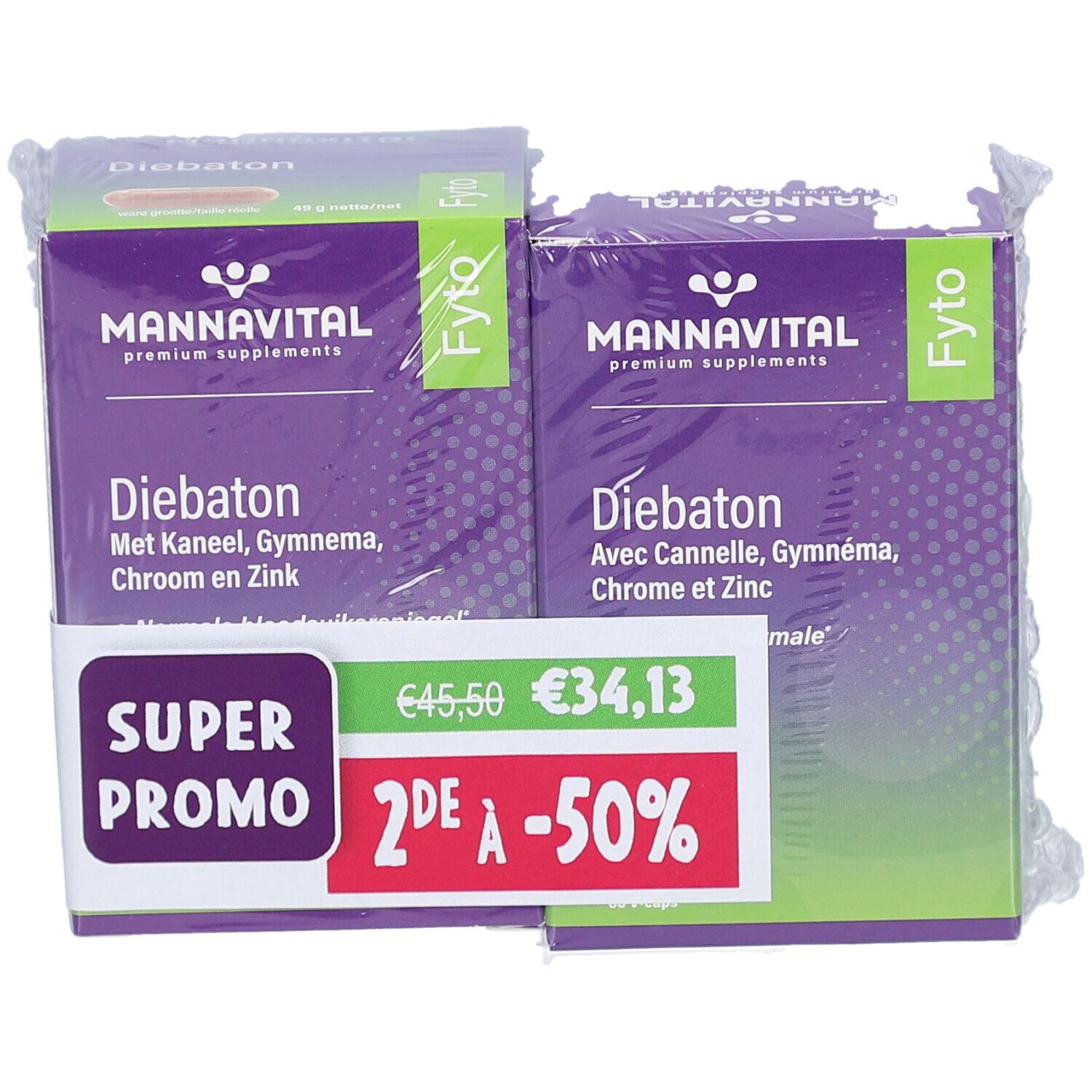 Twee verpakkingen MannaVital Diebaton in folie. Paarse verpakking met witte tekst. Promotie sticker.