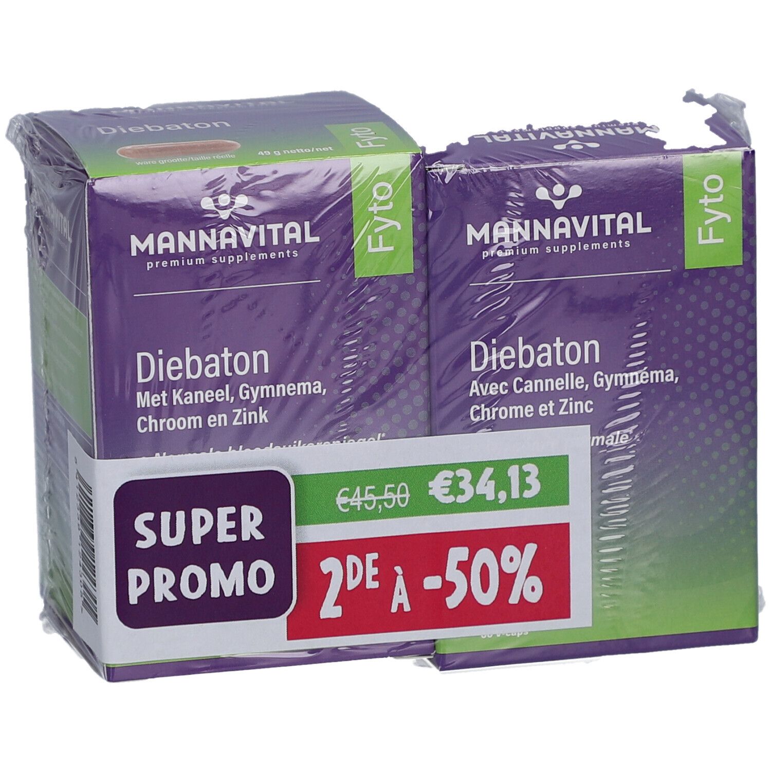 Twee verpakkingen MannaVital Diebaton in folie. Paarse verpakking met witte tekst. Promotie sticker.