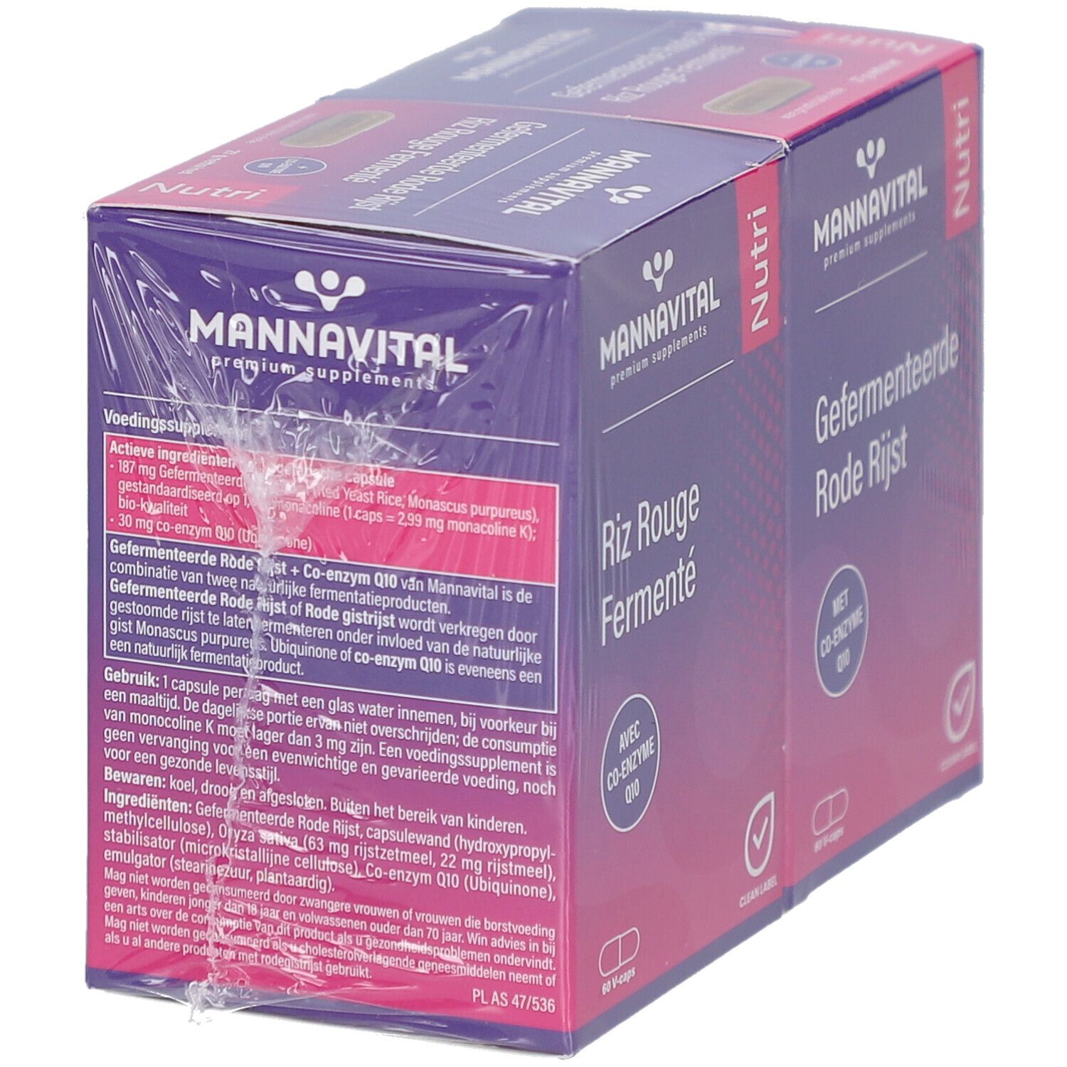 Emballage Mannavital, vue arrière. Emballage violet avec texte multilingue. Autocollant Duo Promo. Film transparent.