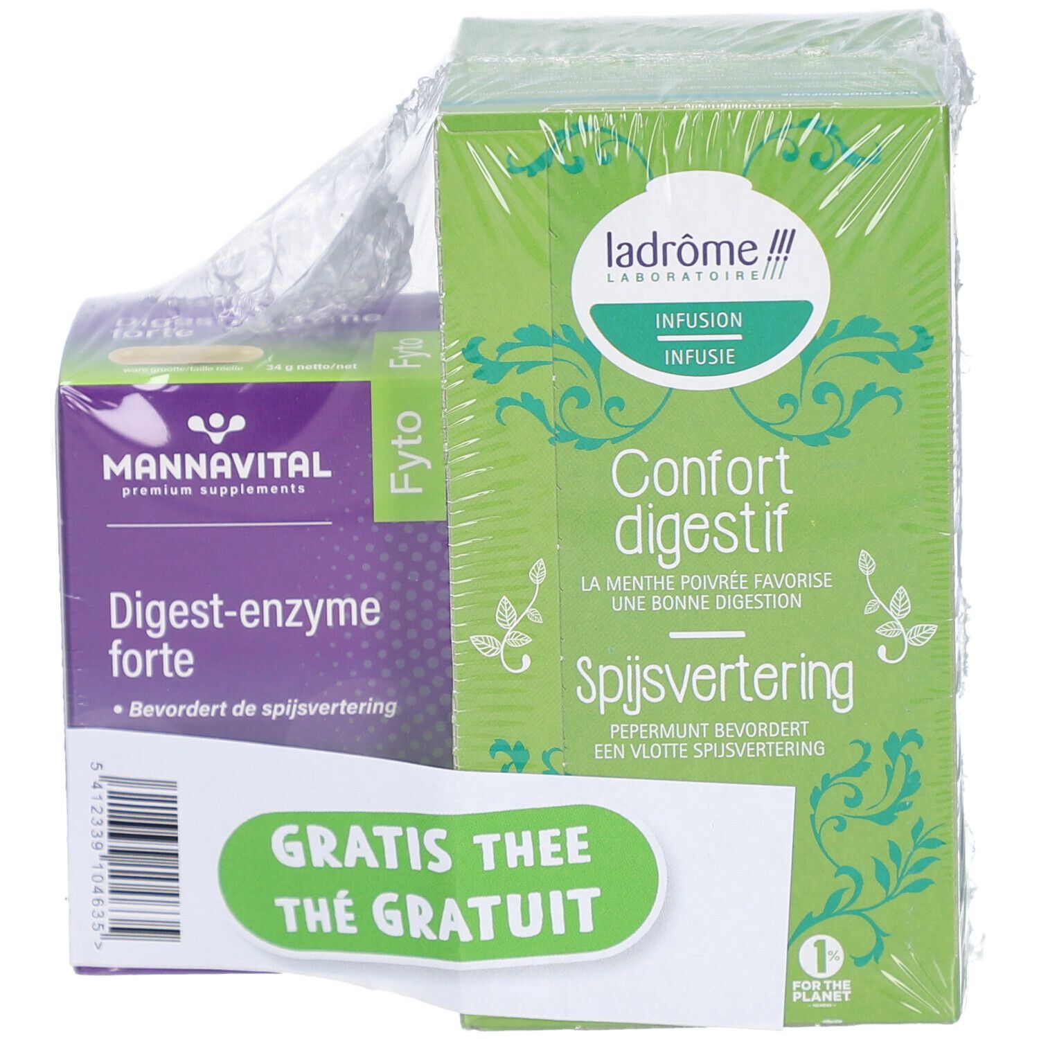 Deux produits emballés. Boîte violette avec texte. Boîte verte avec texte. Autocollant : Thé gratuit.