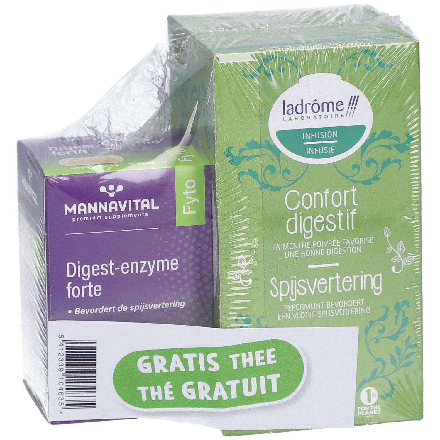 Deux produits emballés. Boîte violette avec texte. Boîte verte avec texte. Autocollant : Thé gratuit.