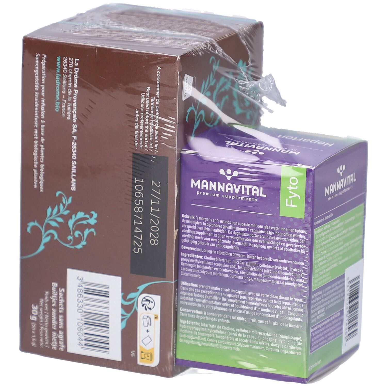 Dos de l'emballage Mannavital Heparton et thé. Date de péremption. Boîtes marron et violet, emballées sous film.