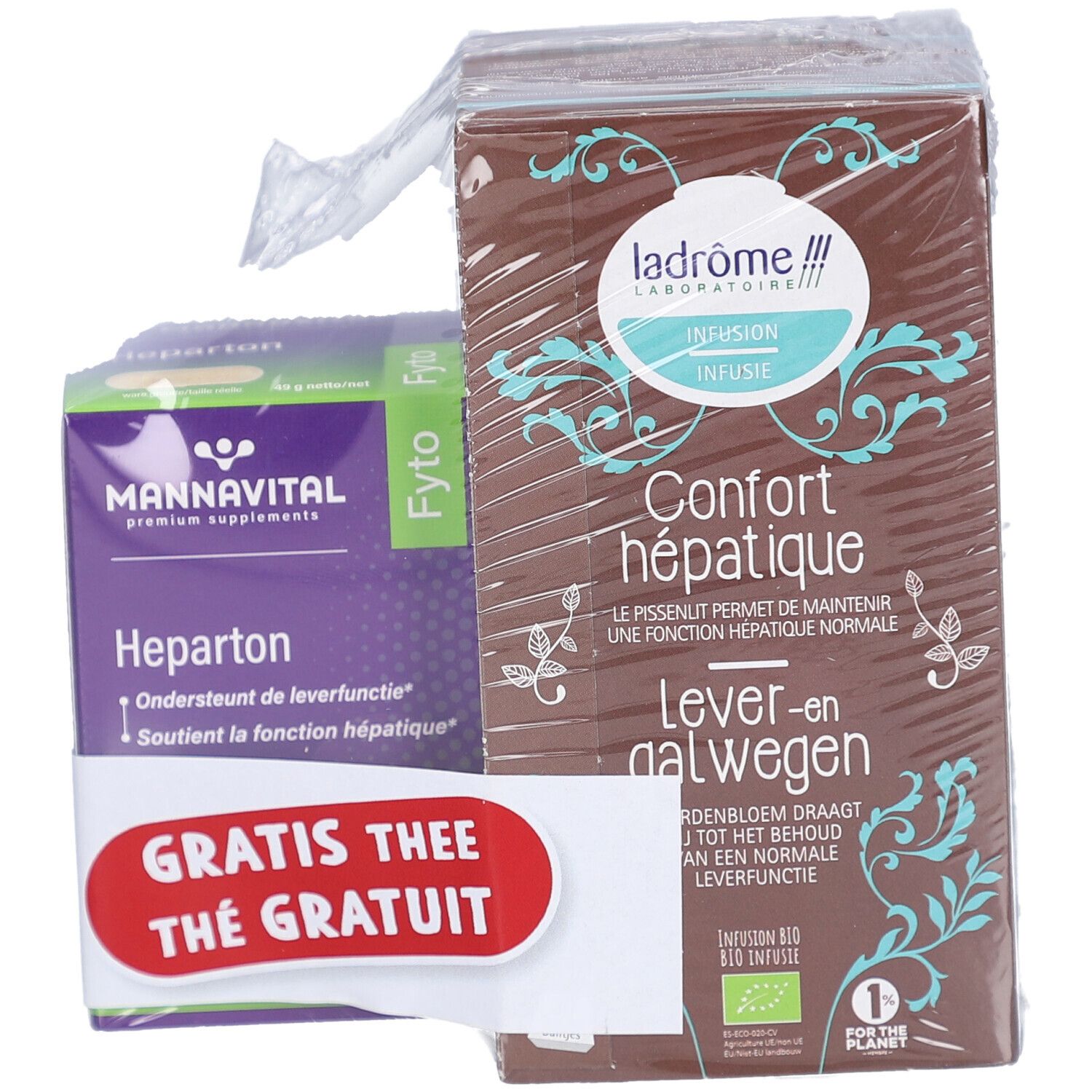 Emballage Mannavital Heparton et thé. Étiquette thé gratuit. Boîtes marron et violet, emballées sous film.