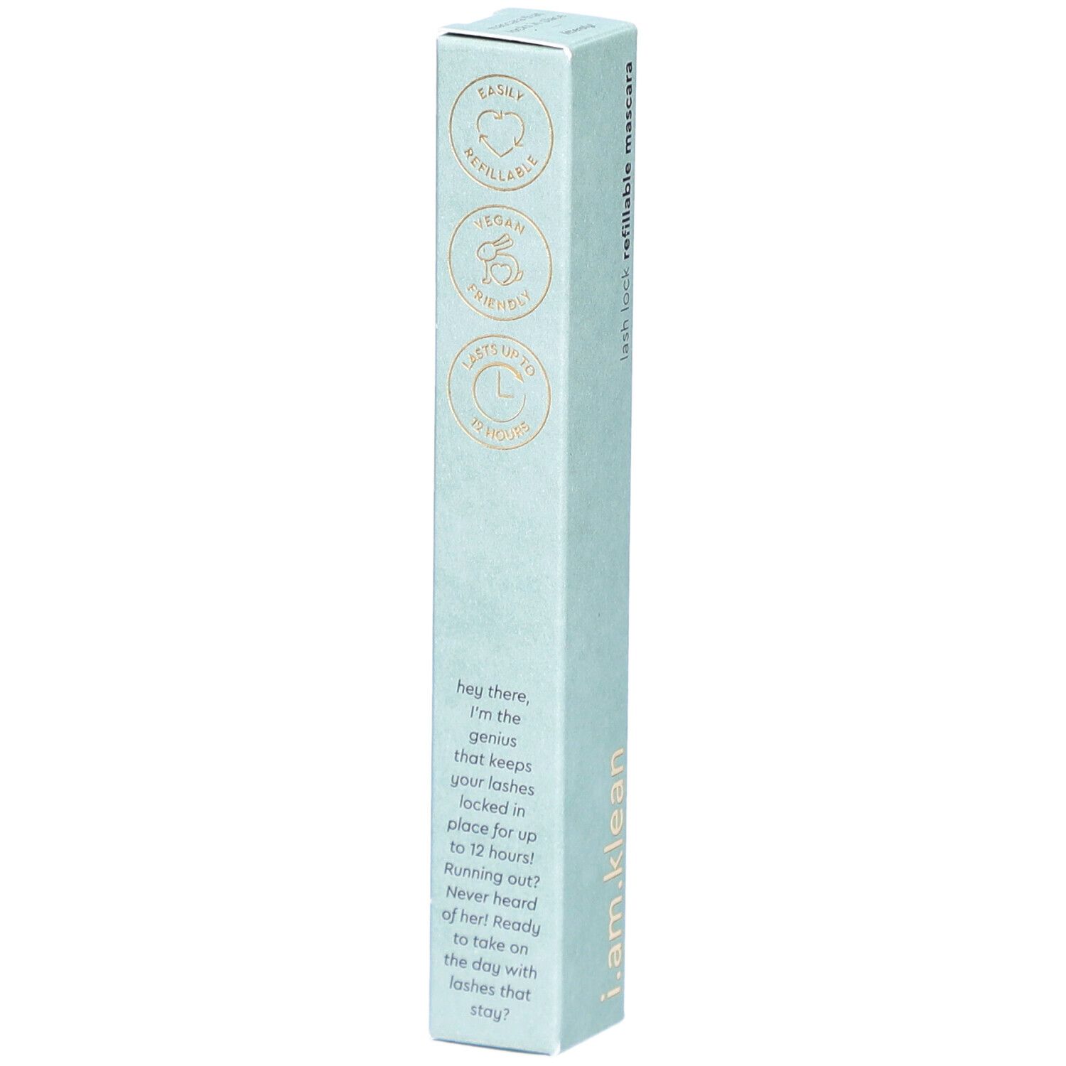 Emballage de mascara i.am.klean. Boîte verte claire avec logos et texte. Rechargeable, vegan, sans cruauté, 12h. Texte : lash lock refillable mascara.