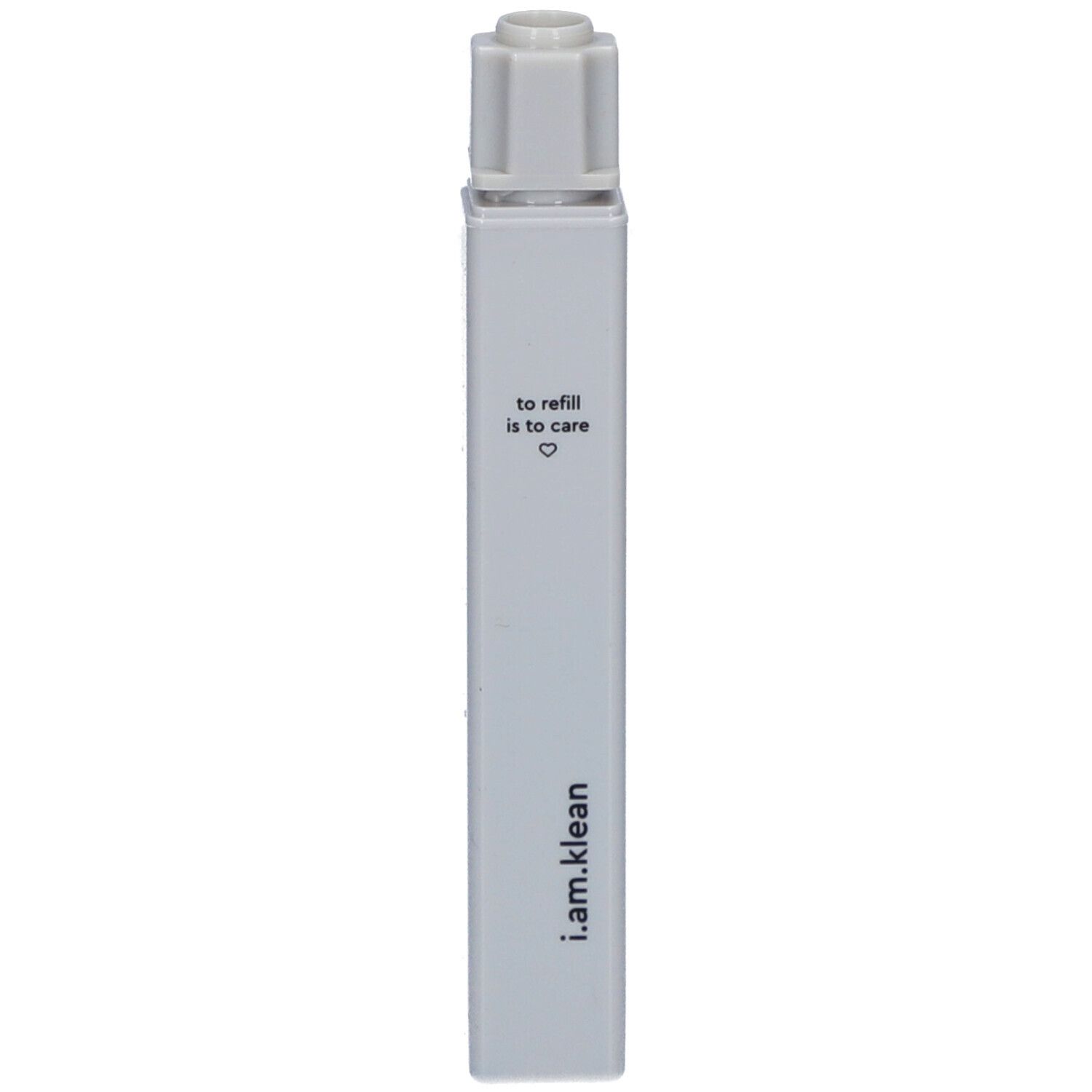 Grijze mascara navulling met witte dop. Tekst: i.am.klean, to refill is to care.