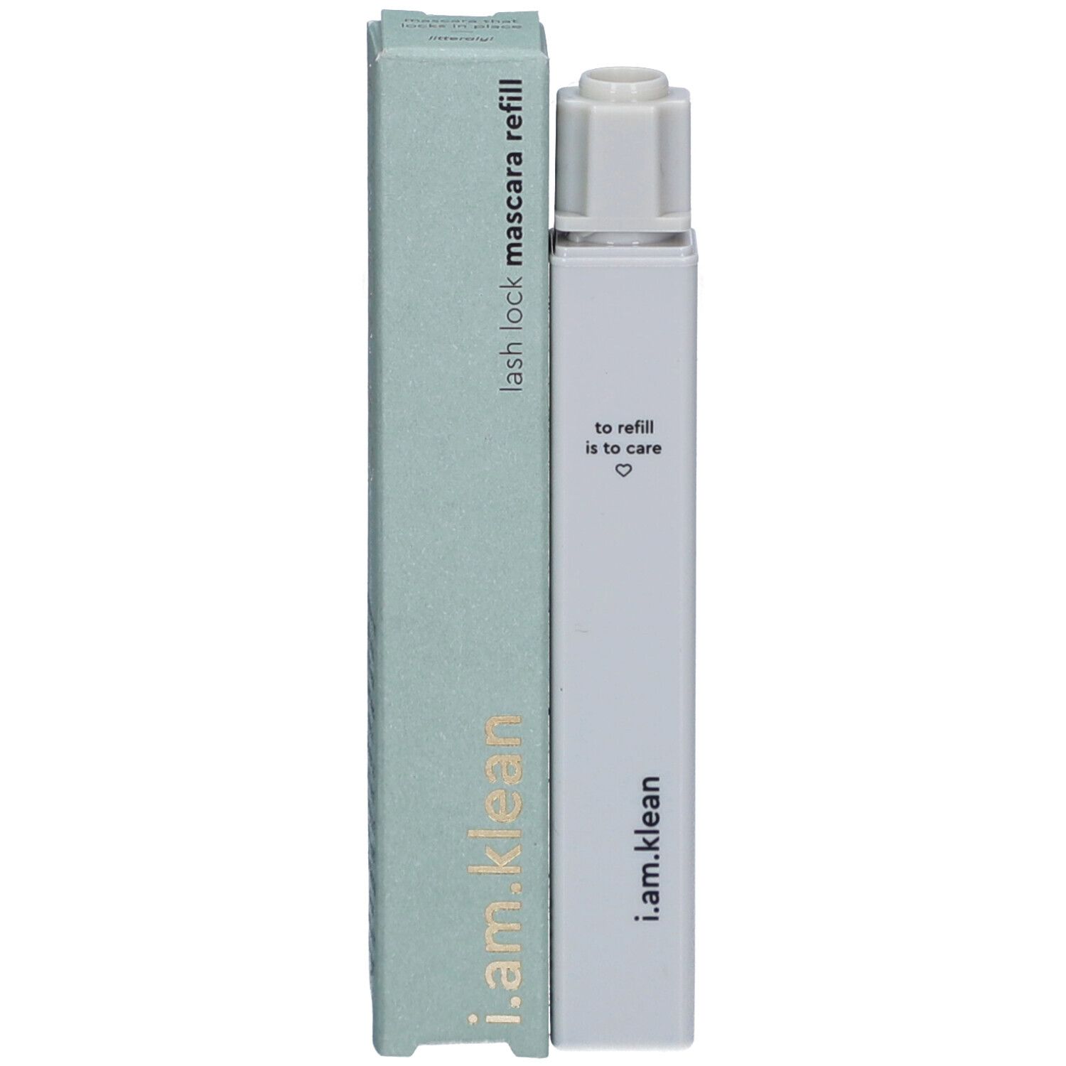 Mascara navulling en verpakking. Tekst: i.am.klean, lash lock mascara refill.