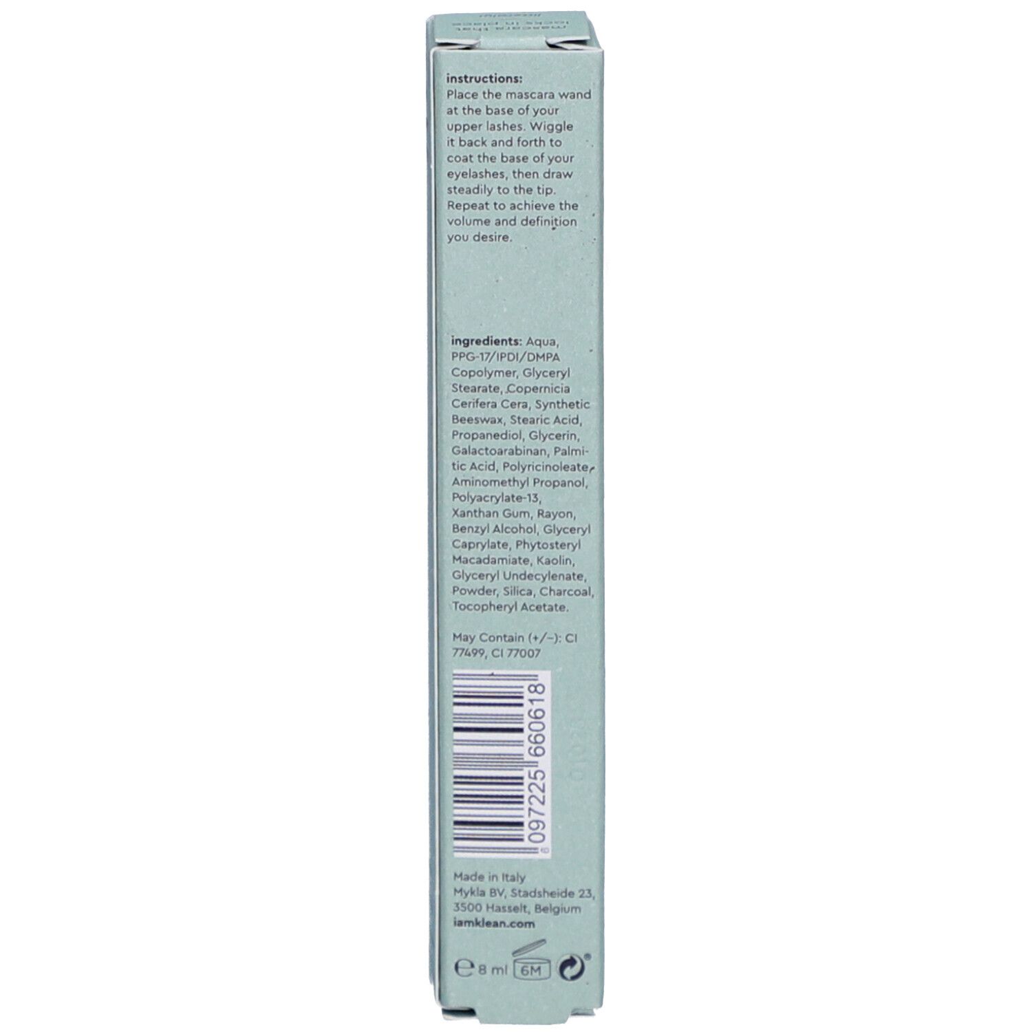 Verpakking met tekst en barcode. Tekst: Ingrediënten, gebruiksaanwijzing. Barcode.