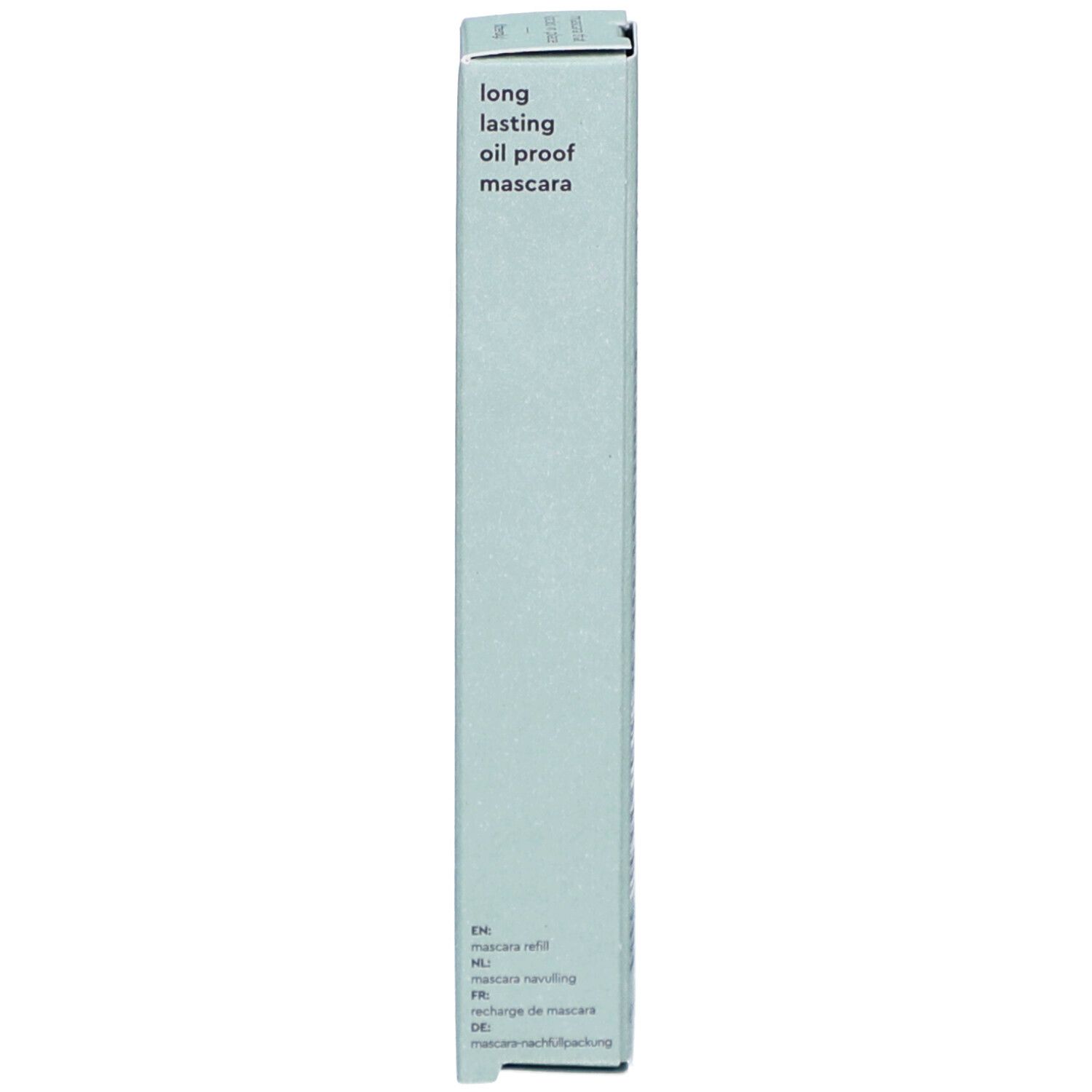 Verpakking met tekst. Tekst: long lasting oil proof mascara, Mascara handling, etc.