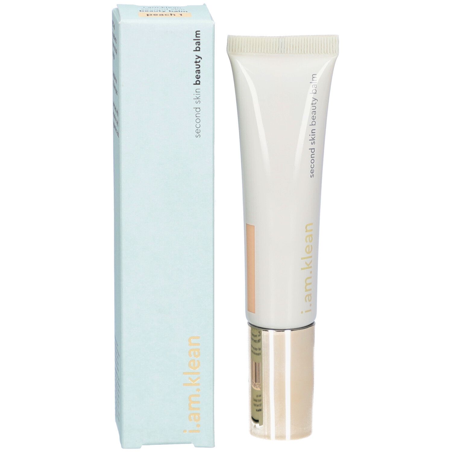 Product en verpakking. Tube en doos. Opschrift: i.am.klean, second skin beauty balm, peach 1.
