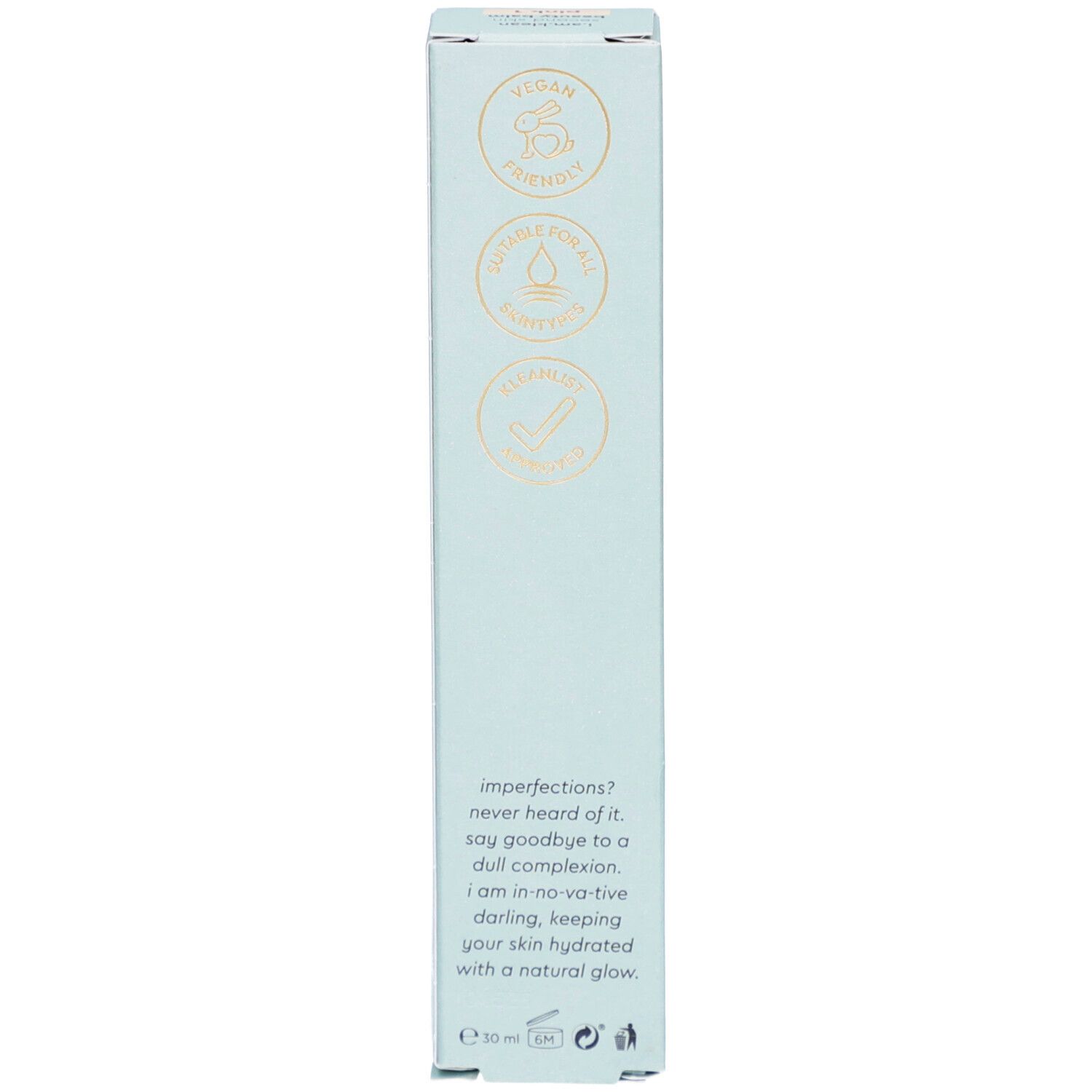 Emballage du produit. Inscription : Vegan, convient à tous, Clean Beauty.