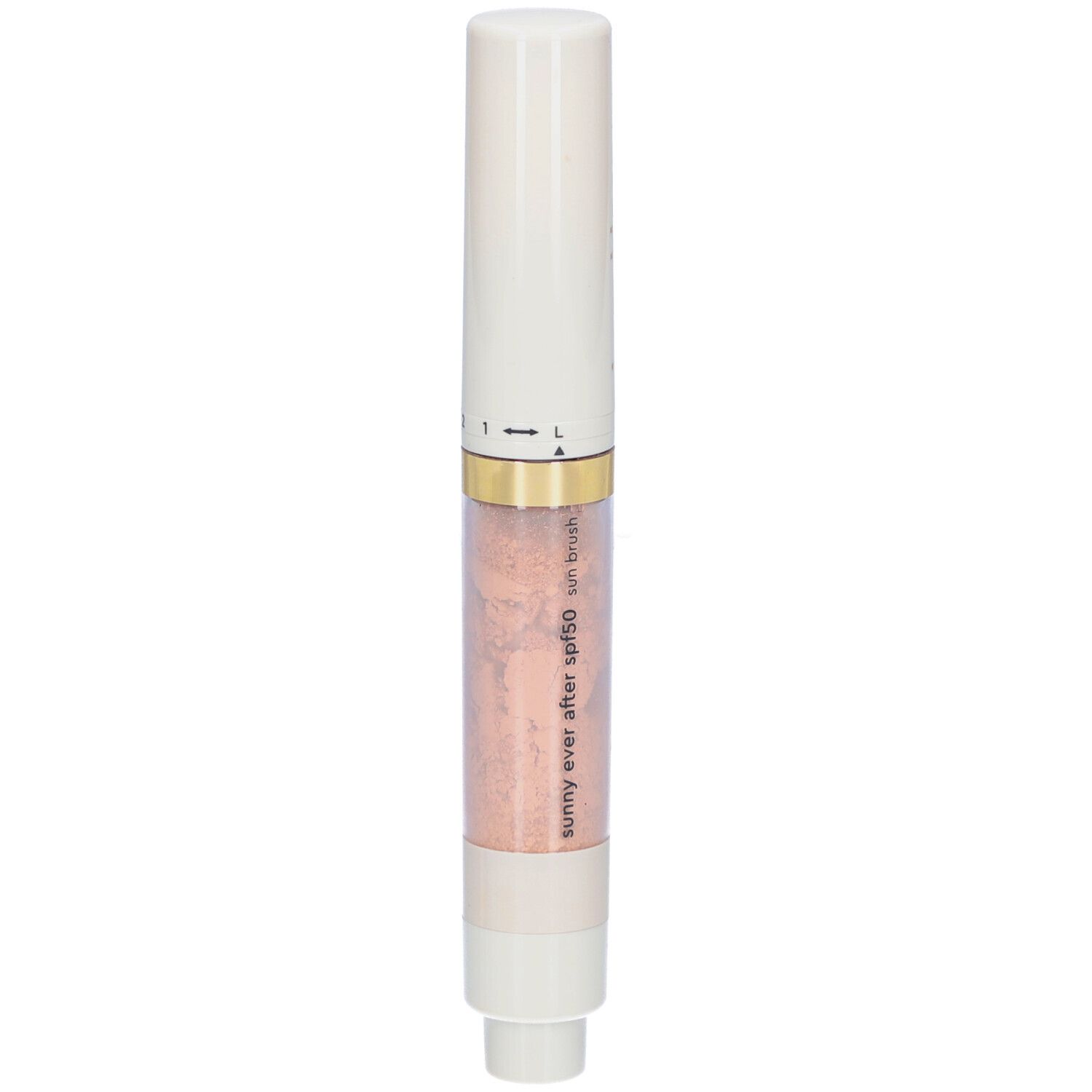 Stylo blanc avec contenu rose. Inscription : i.am.klean, sunny ever after spf50 sun brush.