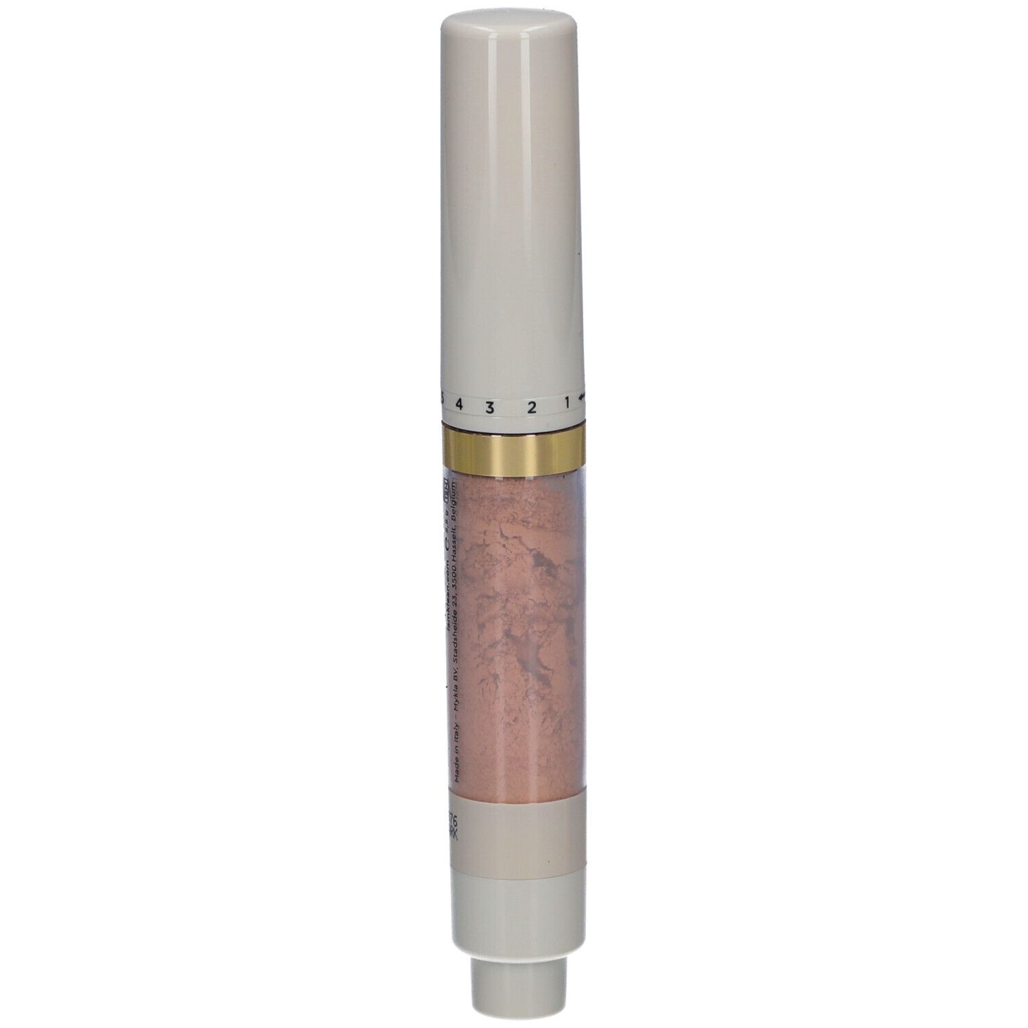 Stylo blanc avec contenu rose. Échelle de 1 à 4. Inscription : i.am.klean, sunny ever after spf50 sun brush.