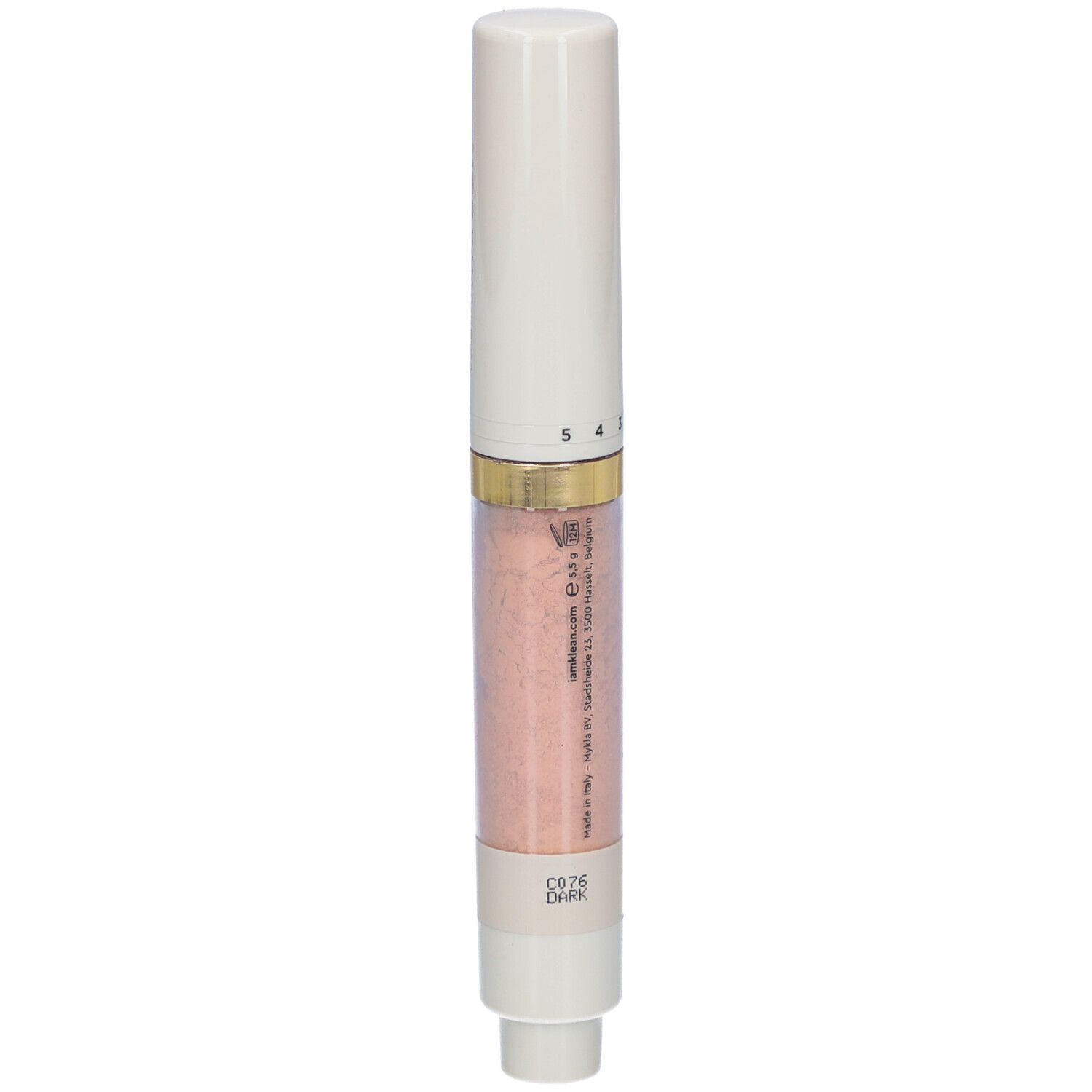 Stylo blanc avec contenu rose. Échelle de 1 à 5. Inscription : i.am.klean, sunny ever after spf50 sun brush.