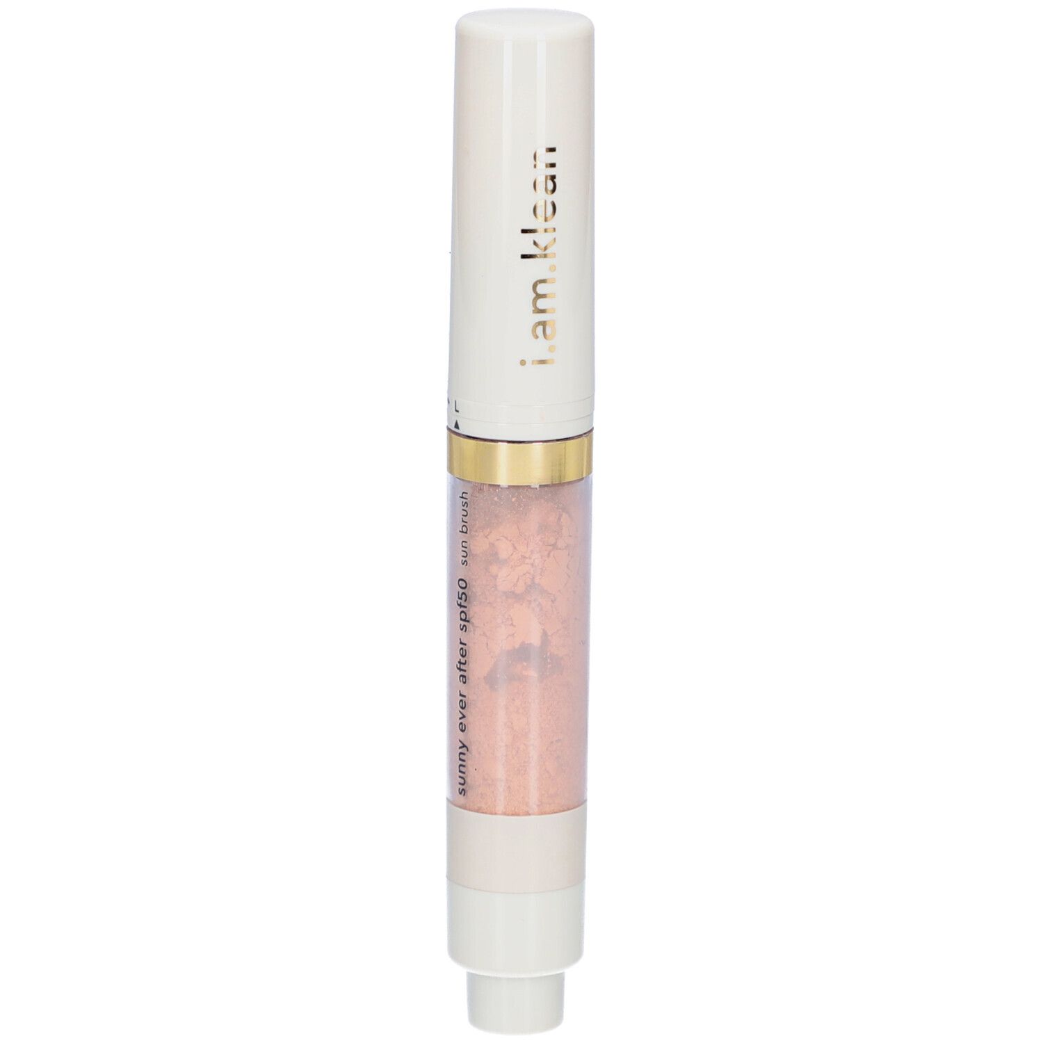Stylo blanc avec contenu rose. Inscription : i.am.klean, sunny ever after spf50 sun brush.