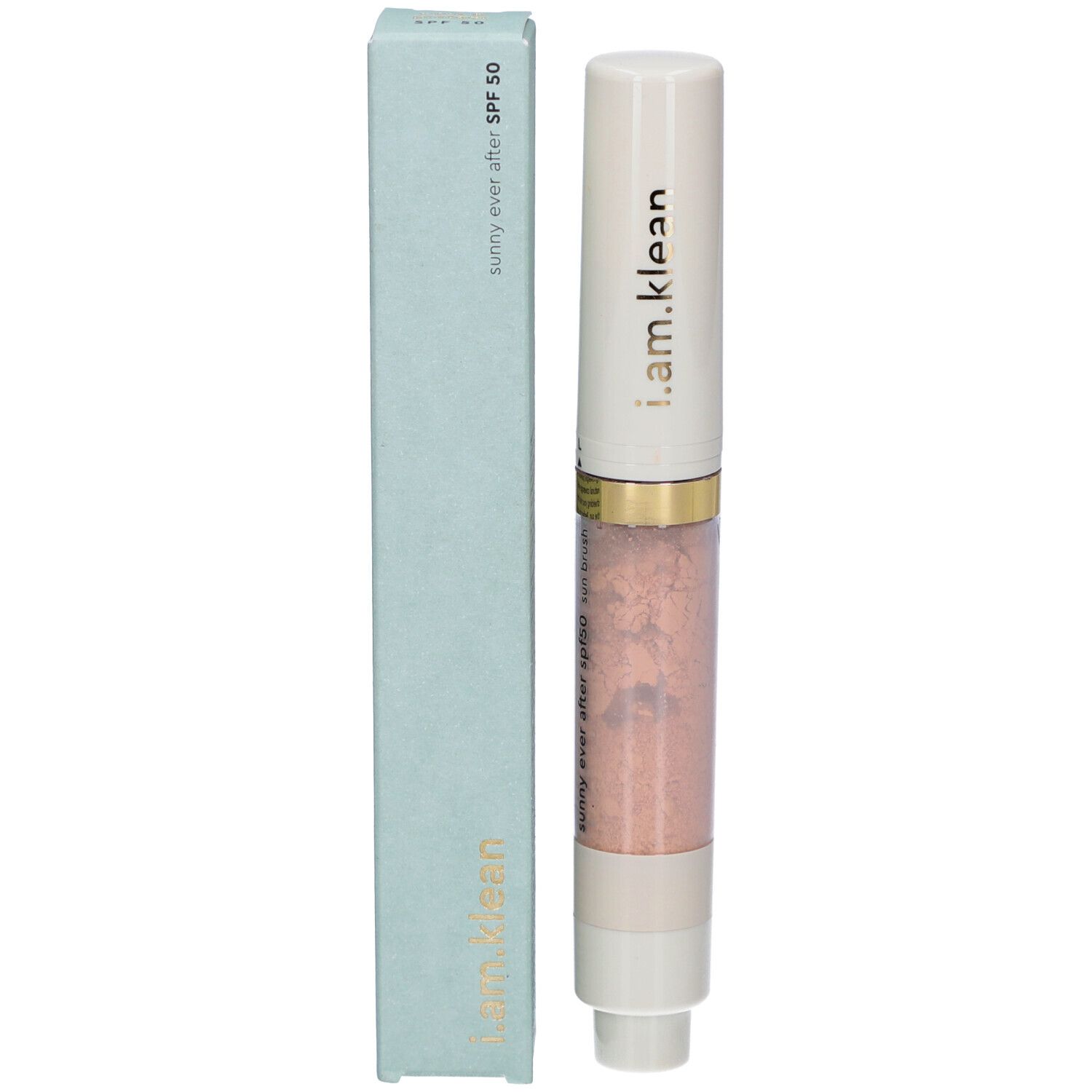 Produit et emballage. Stylo blanc avec contenu rose. Inscription : i.am.klean, sunny ever after spf50 sun brush.