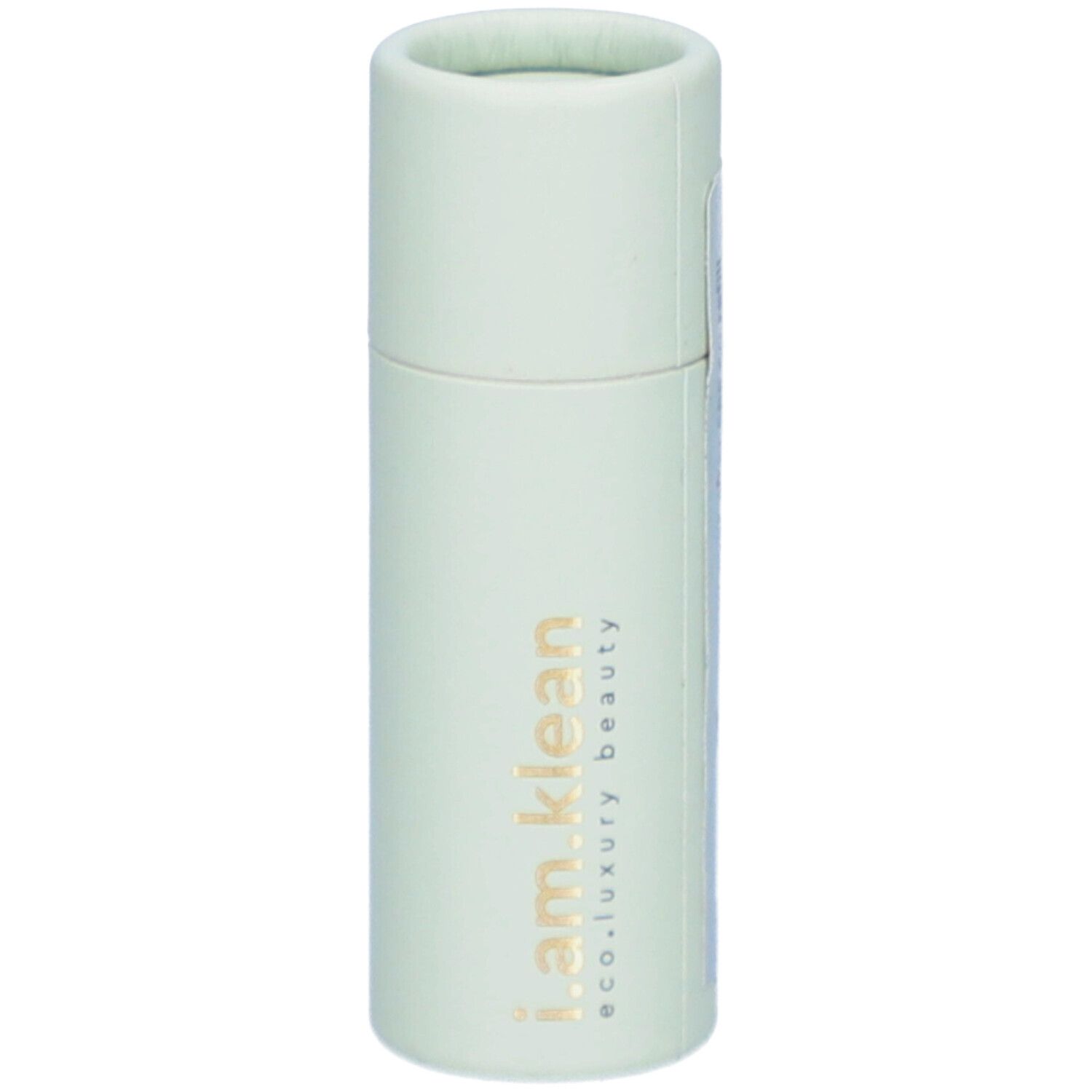 Emballage cylindrique vert clair avec texte doré i.am.klean. eco.luxury beauty.