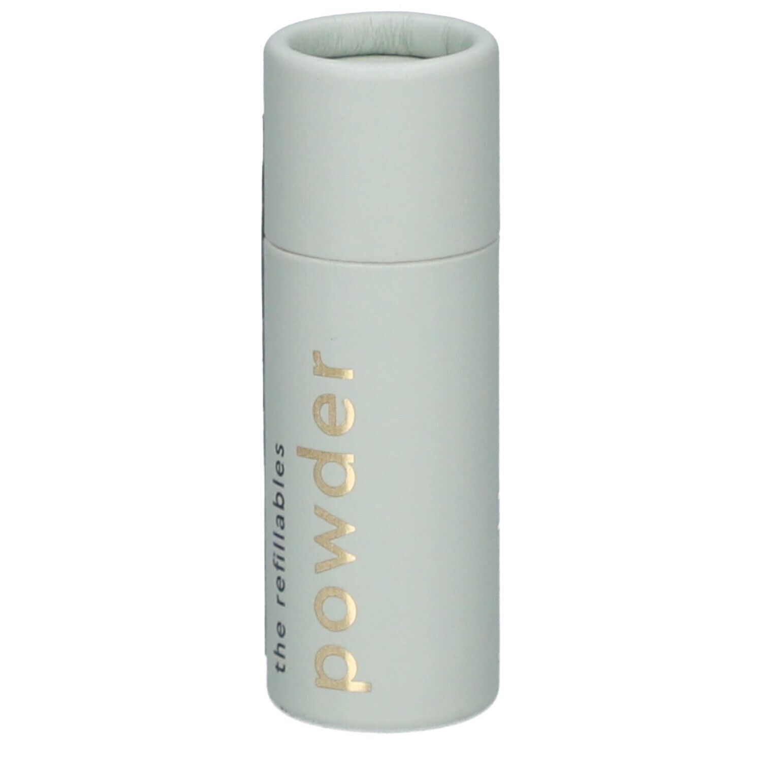 Emballage cylindrique vert clair avec texte doré 'powder' et 'the refillables'.