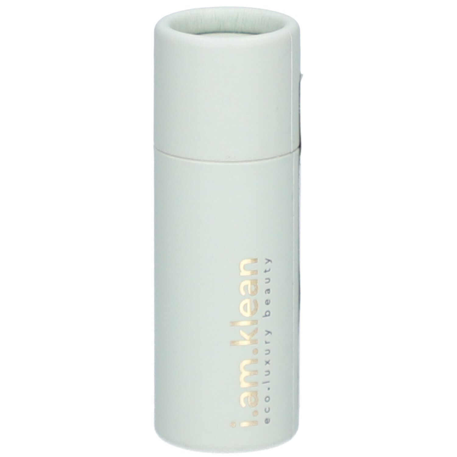 Emballage cylindrique vert clair avec texte doré i.am.klean. eco.luxury beauty.