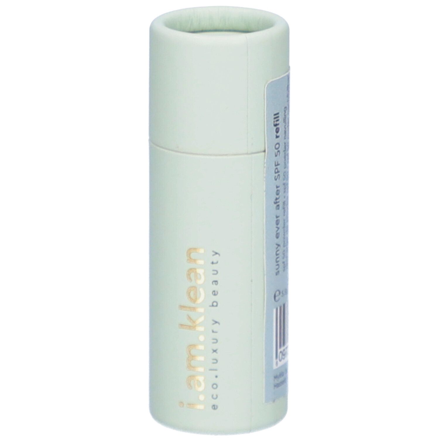 Emballage cylindrique vert clair avec texte 'sunny ever after SPF 50 refill' et logo i.am.klean.
