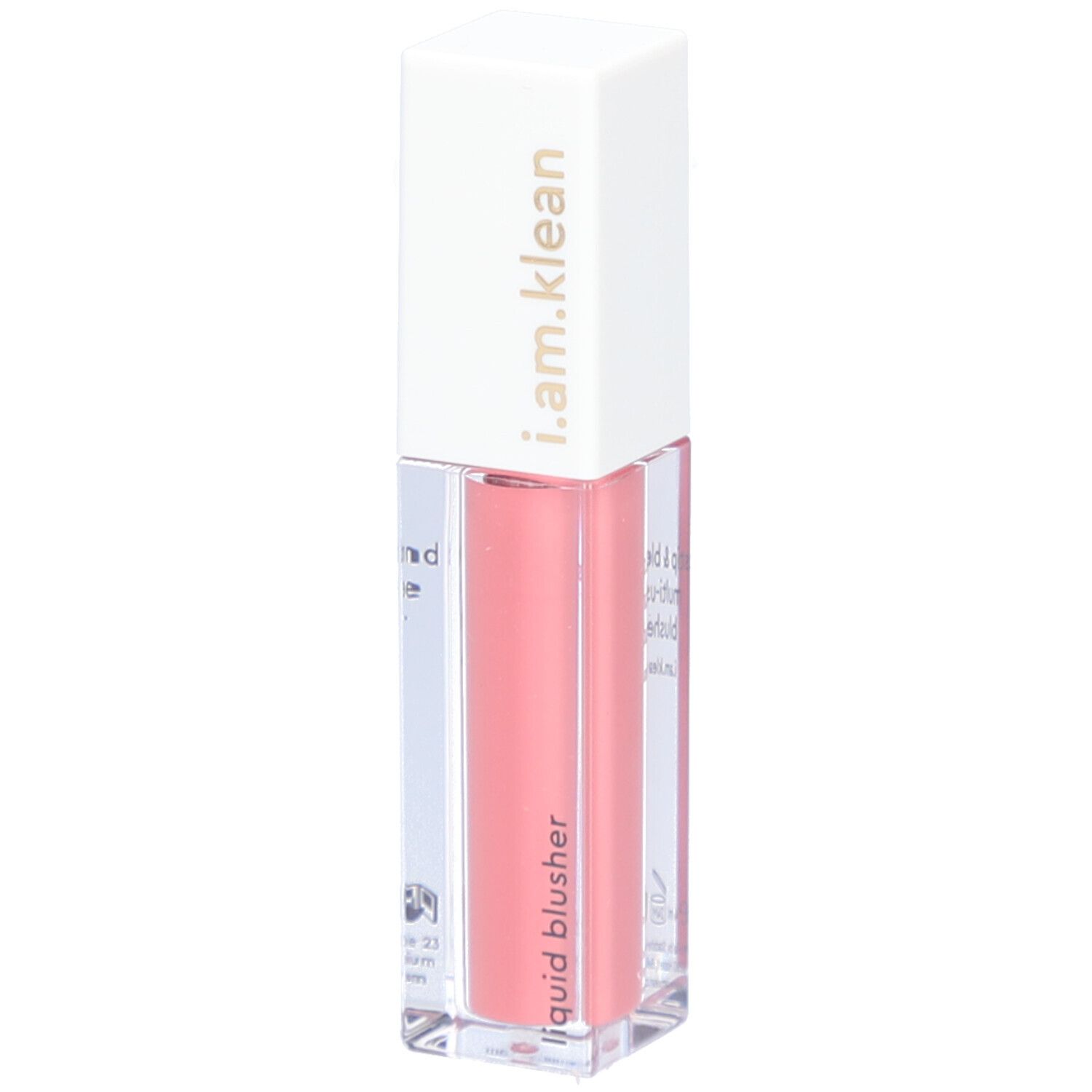 Vloeibare blush in een rechthoekige, transparante fles met witte dop. Opschrift: i.am.klean, liquid blusher.