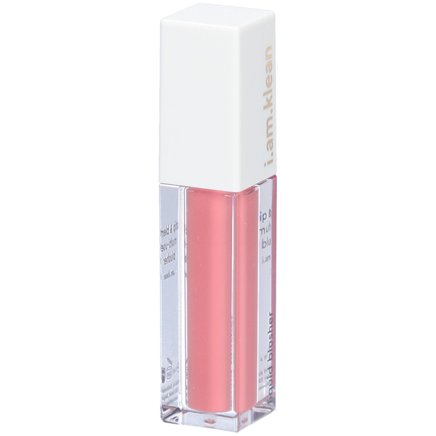 Vloeibare blush in een rechthoekige, transparante fles met witte dop. Opschrift: i.am.klean, liquid blusher.