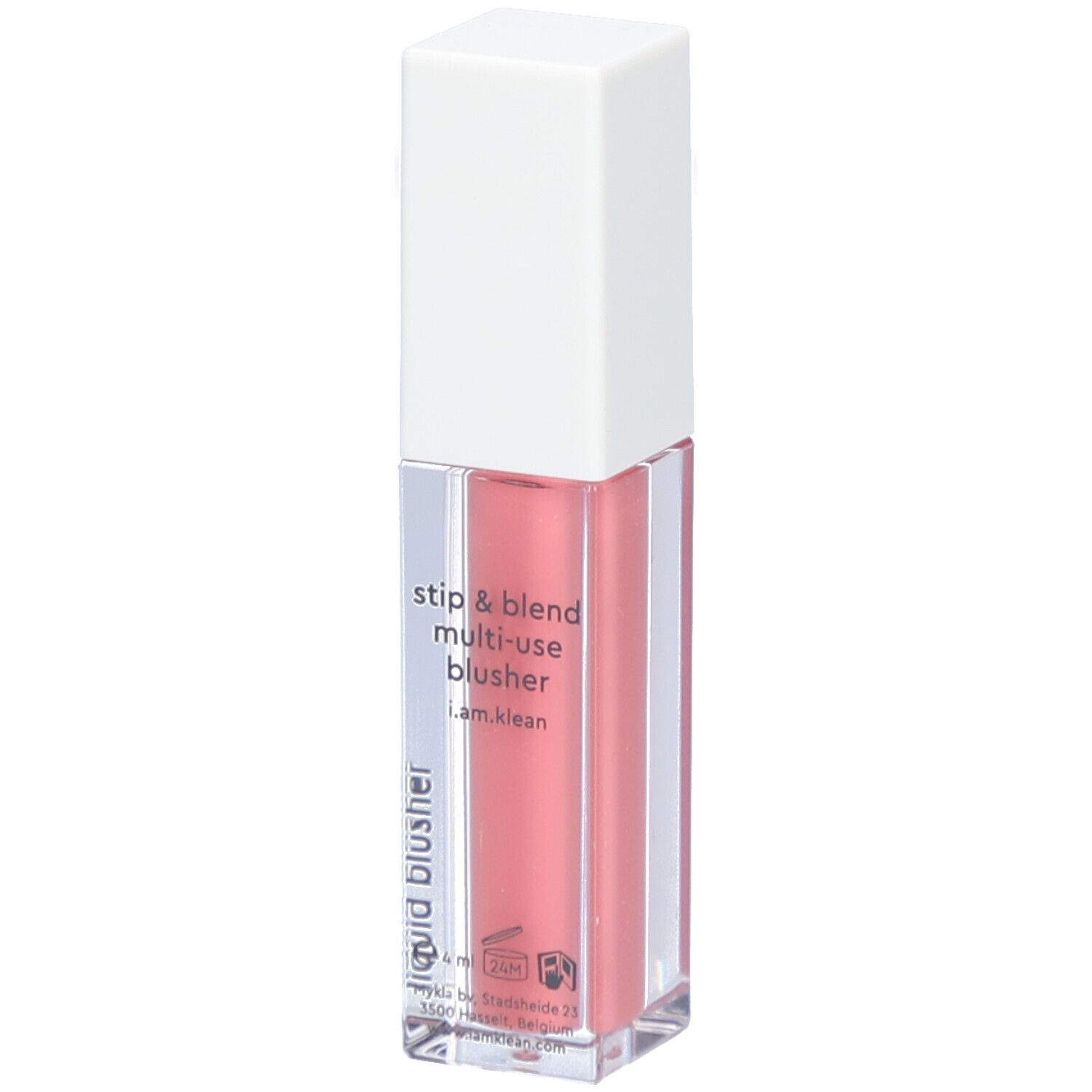 Vloeibare blush in een rechthoekige, transparante fles met witte dop. Opschrift: i.am.klean, liquid blusher.